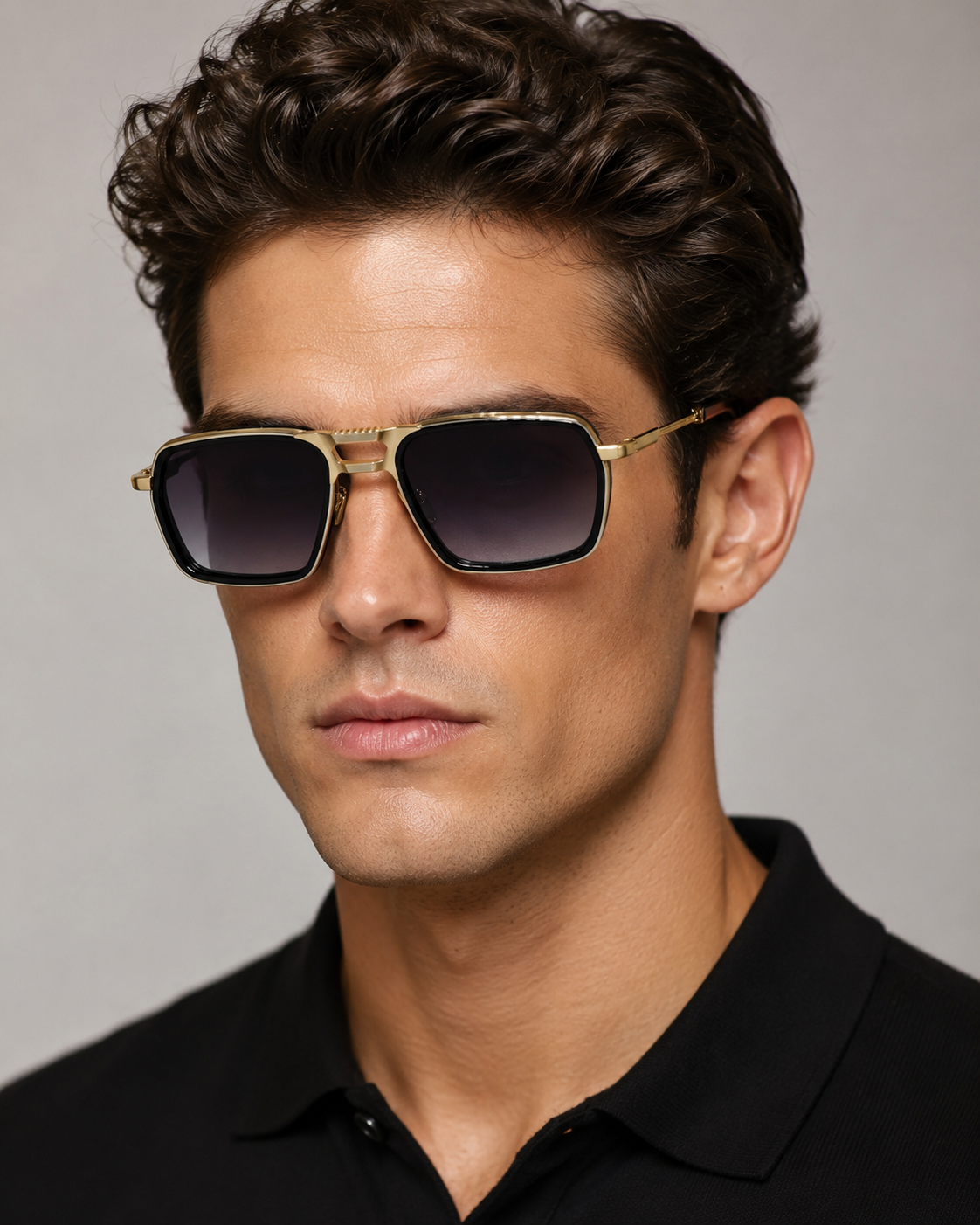 JMM Gold Black Double-Bridge Navigator Sunglasses