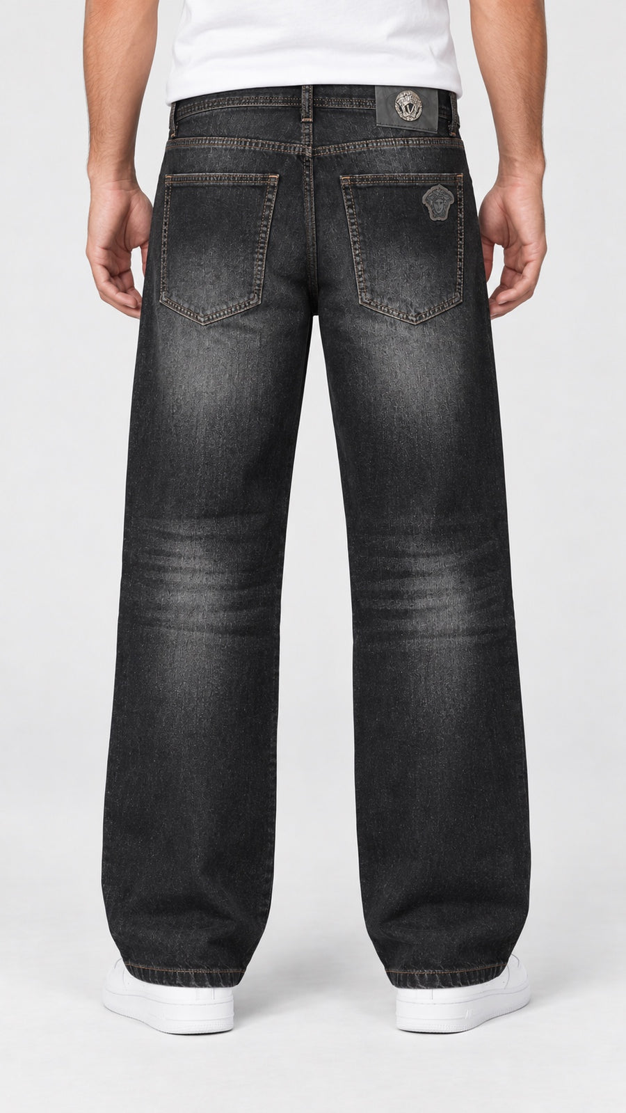 VRSC — Men’s Wide-Bottom Straight-Fit Single-Medusa Jeans – Washed Charcoal Black — 02 full back view
