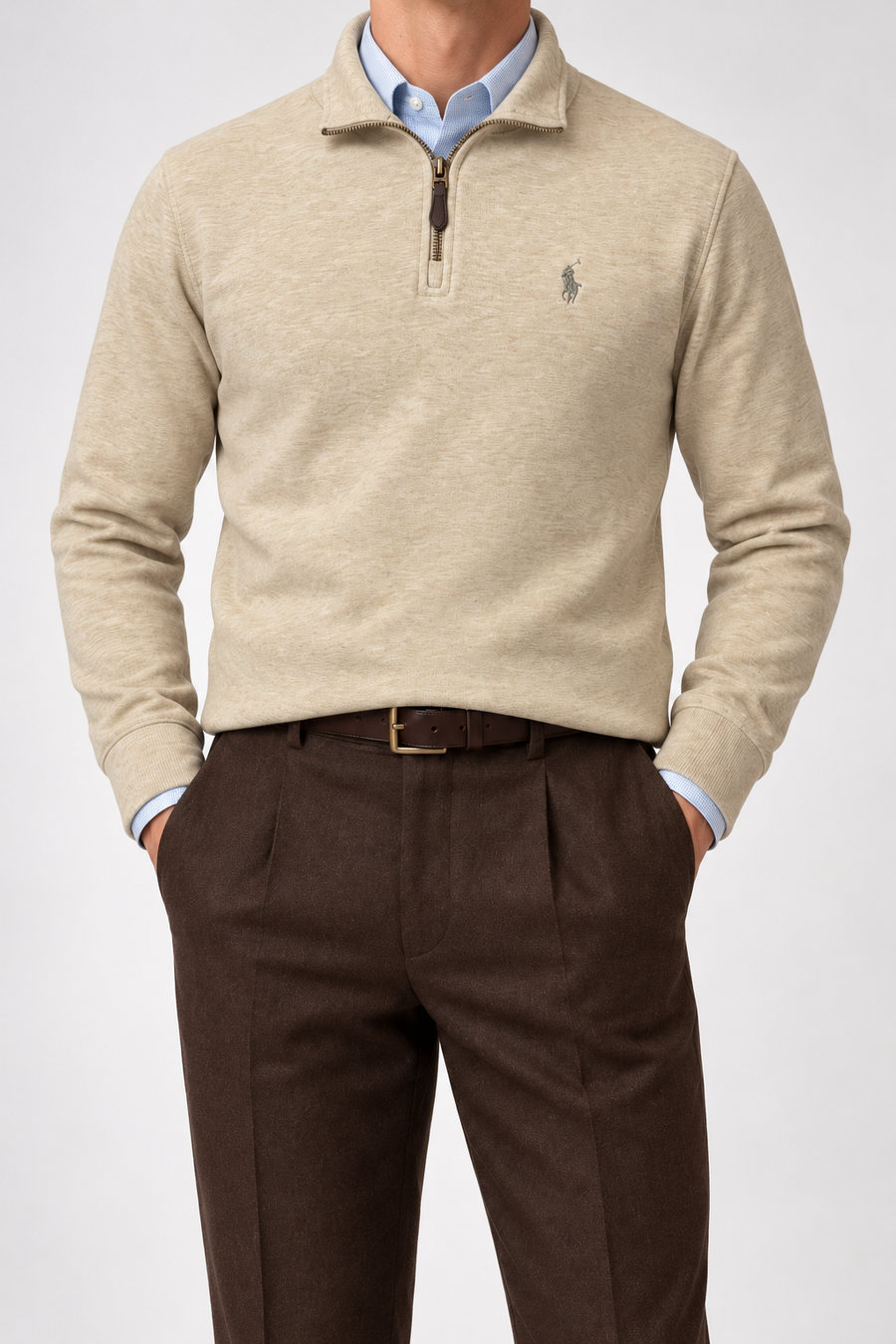 RL — Oatmeal Embroidered Quarter-Zip Pullover — front