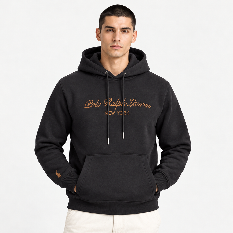 RL — Charcoal Bronze-Script Pullover Hoodie — front