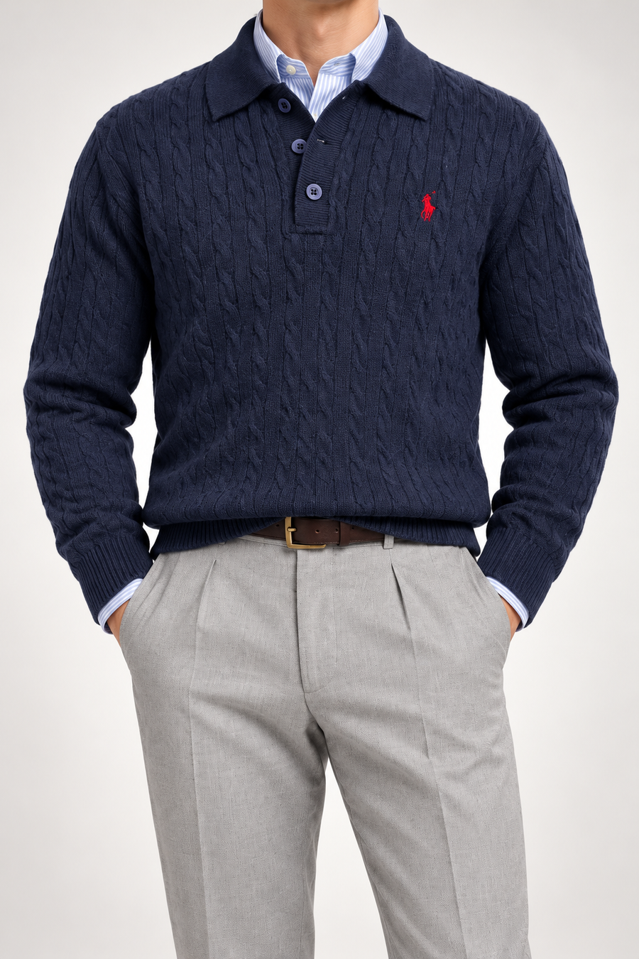 RL — Navy Cable-Knit Long-Sleeve Polo Pullover — front