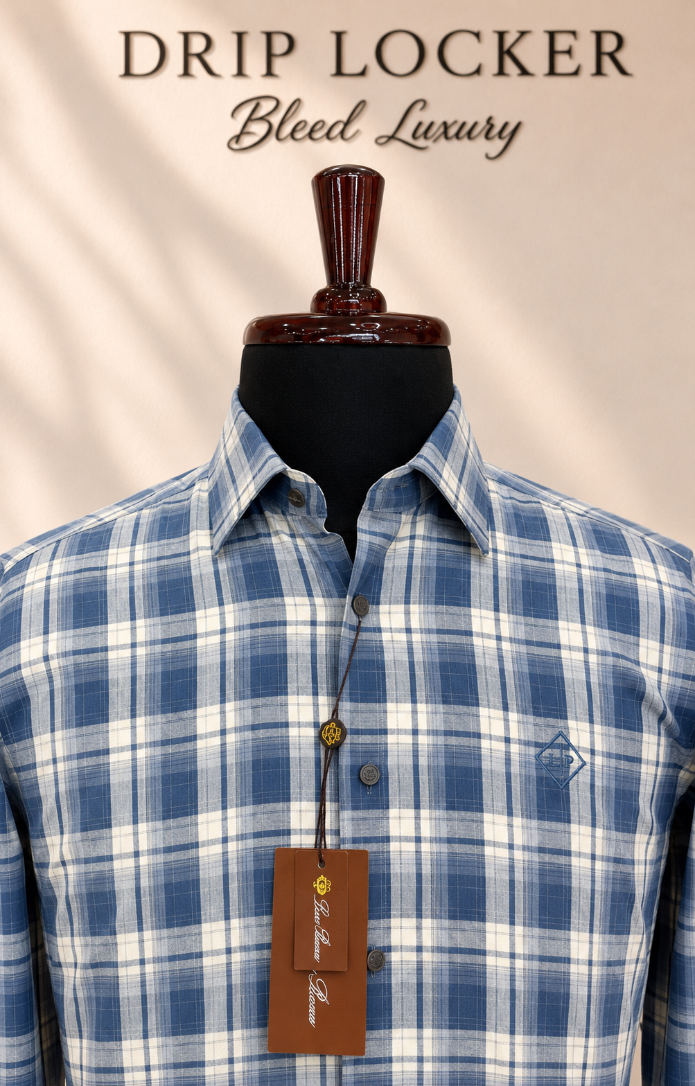 Men’s Blue & White Check Shirt - Blue plaid shirt craftsmanship close up