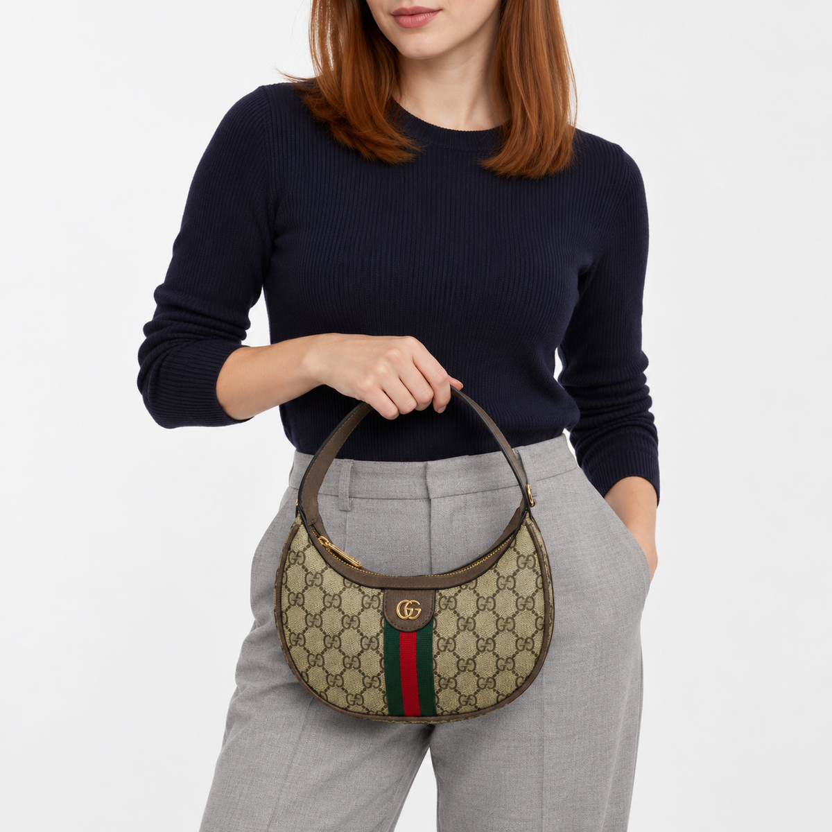 GG Beige & Brown Monogram Crescent Bag - main image