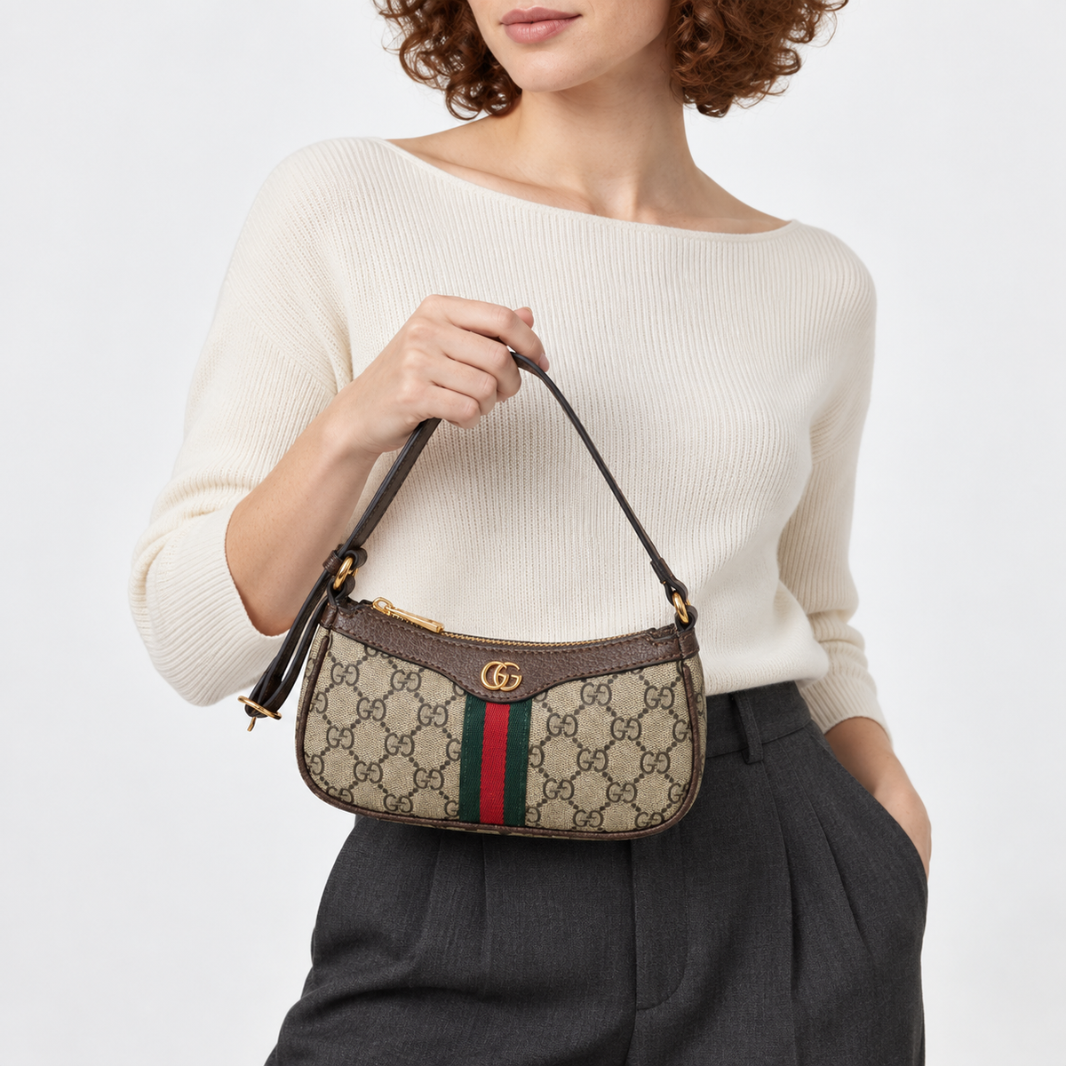 GG Beige & Brown Monogram Baguette Shoulder Bag - image 1