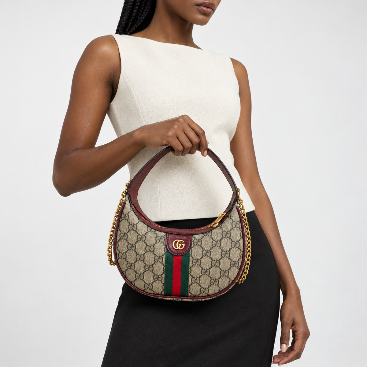 GG Beige Monogram & Burgundy Crescent Bag - image 1