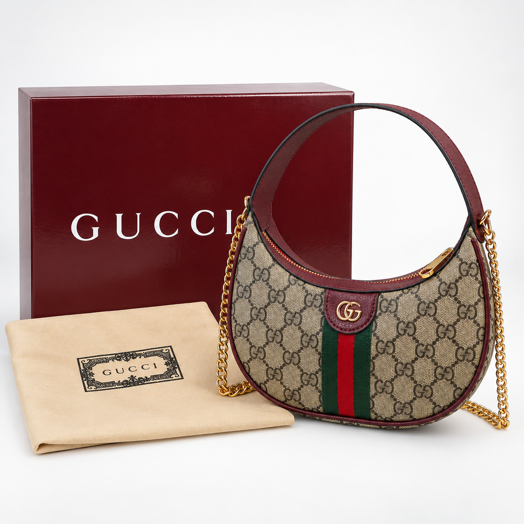 GG Beige Monogram & Burgundy Crescent Bag - image 3