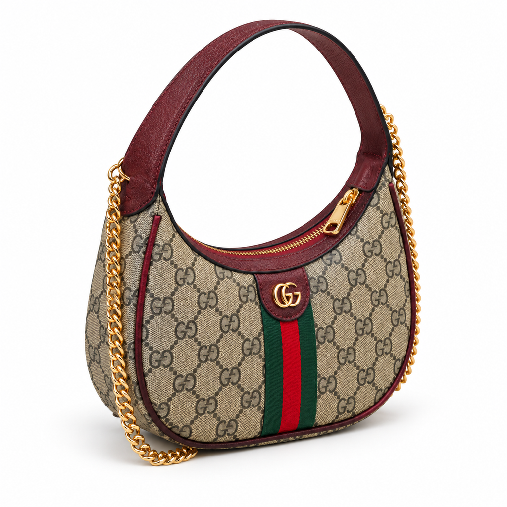 GG Beige Monogram & Burgundy Crescent Bag - image 4