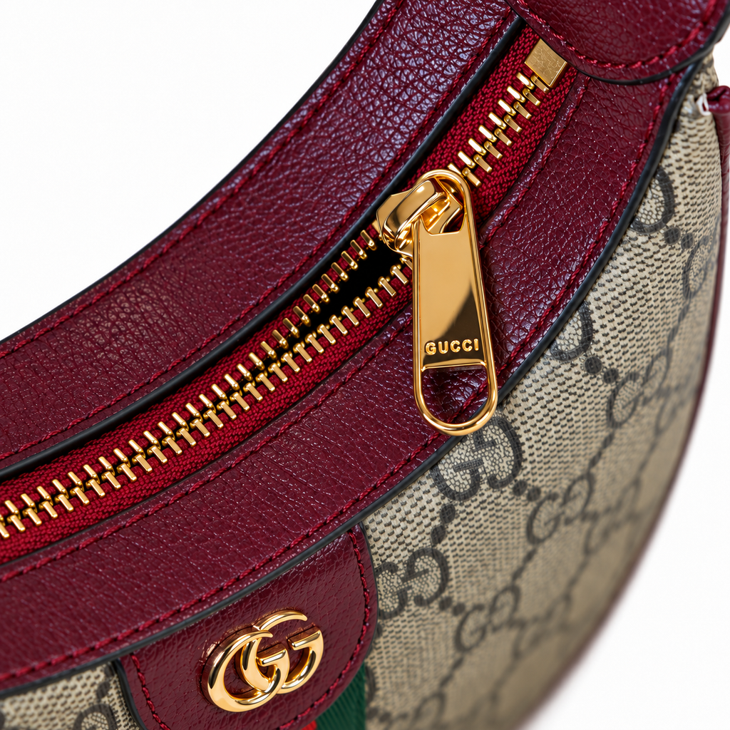 GG Beige Monogram & Burgundy Crescent Bag - image 5