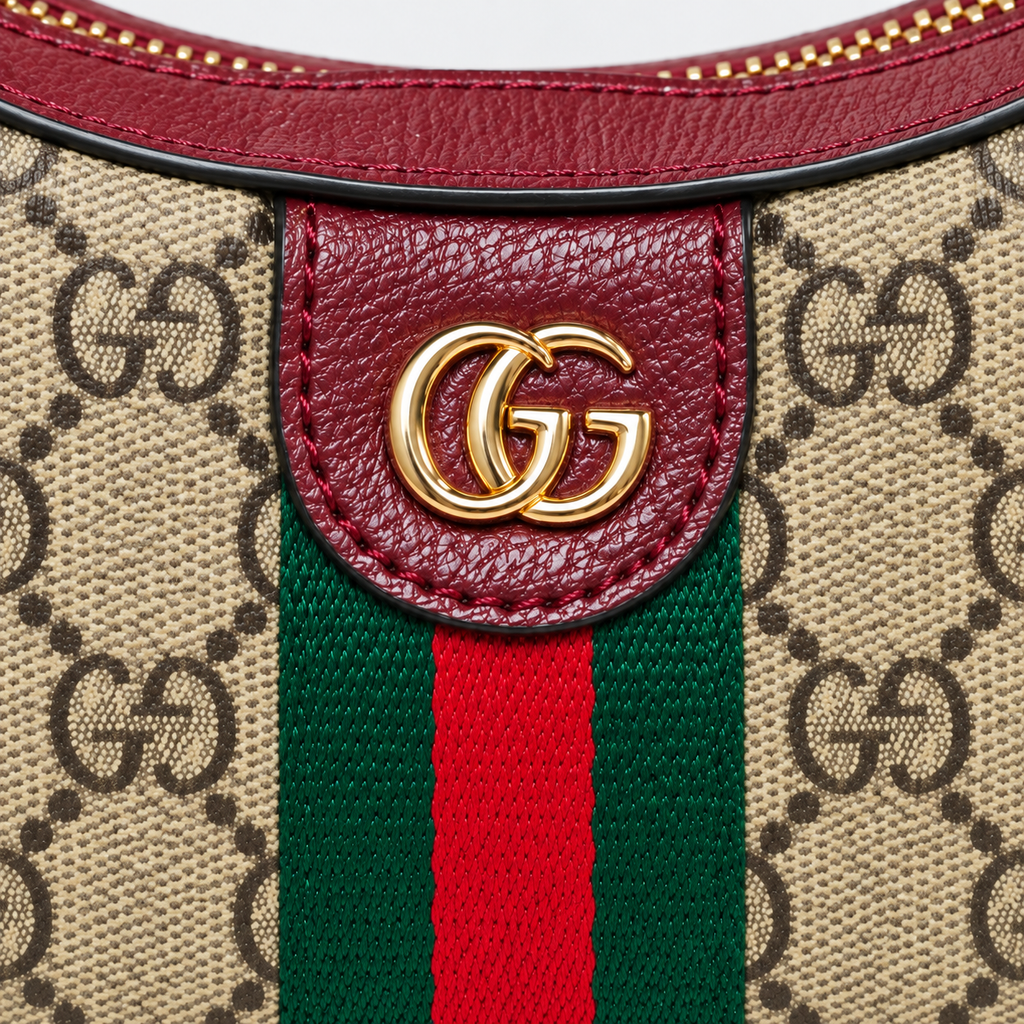 GG Beige Monogram & Burgundy Crescent Bag - image 6