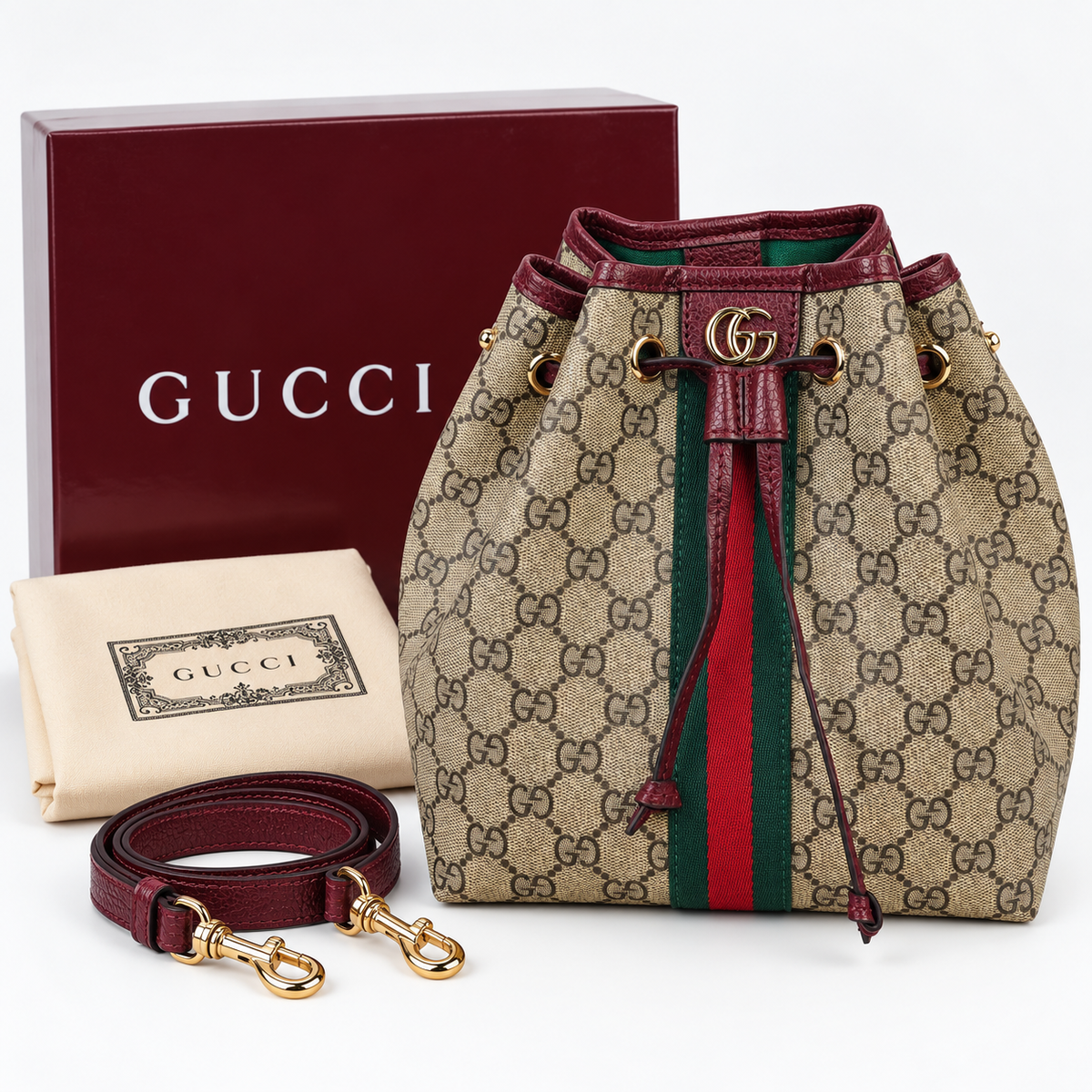 GG Beige & Burgundy Monogram Bucket Bag - image 3