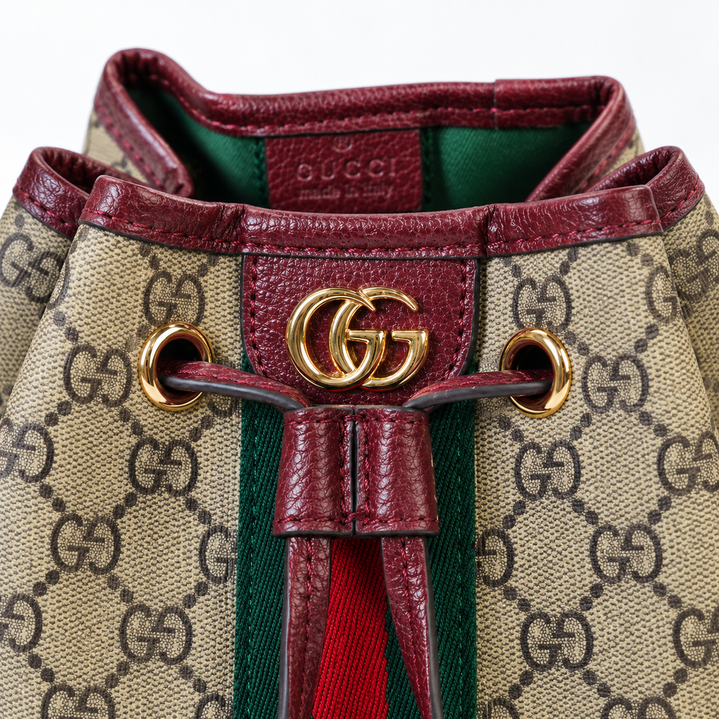 GG Beige & Burgundy Monogram Bucket Bag - image 7