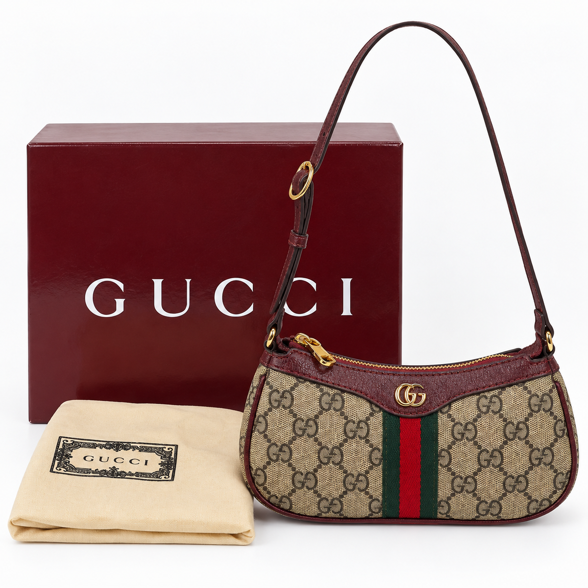 GG Beige Monogram & Burgundy Shoulder Bag - image 3