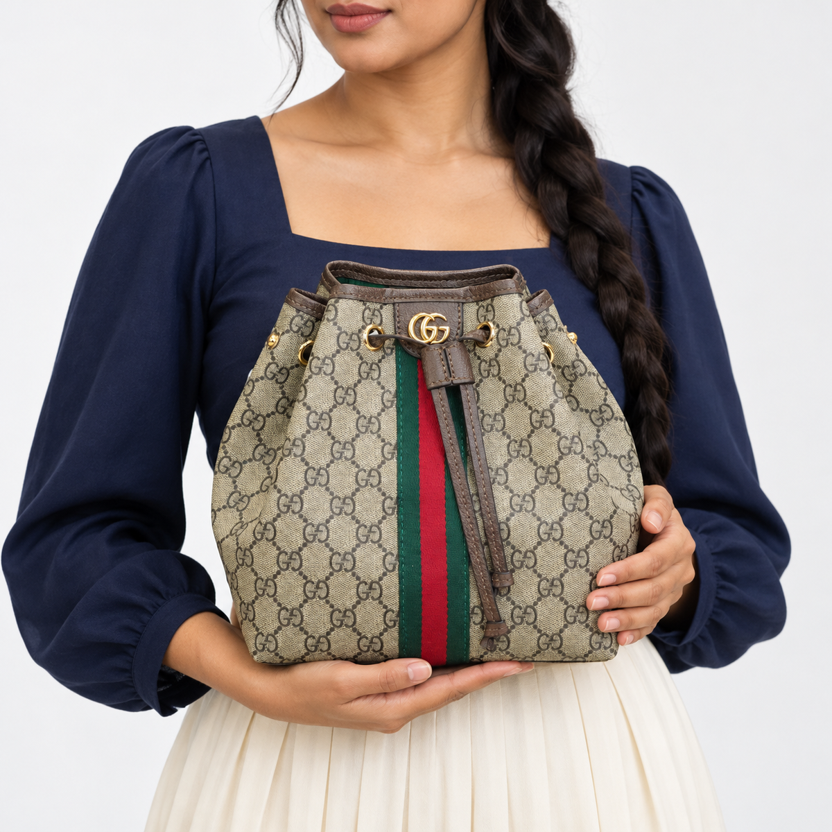 GG Beige Monogram Drawstring Bucket Bag - image 1