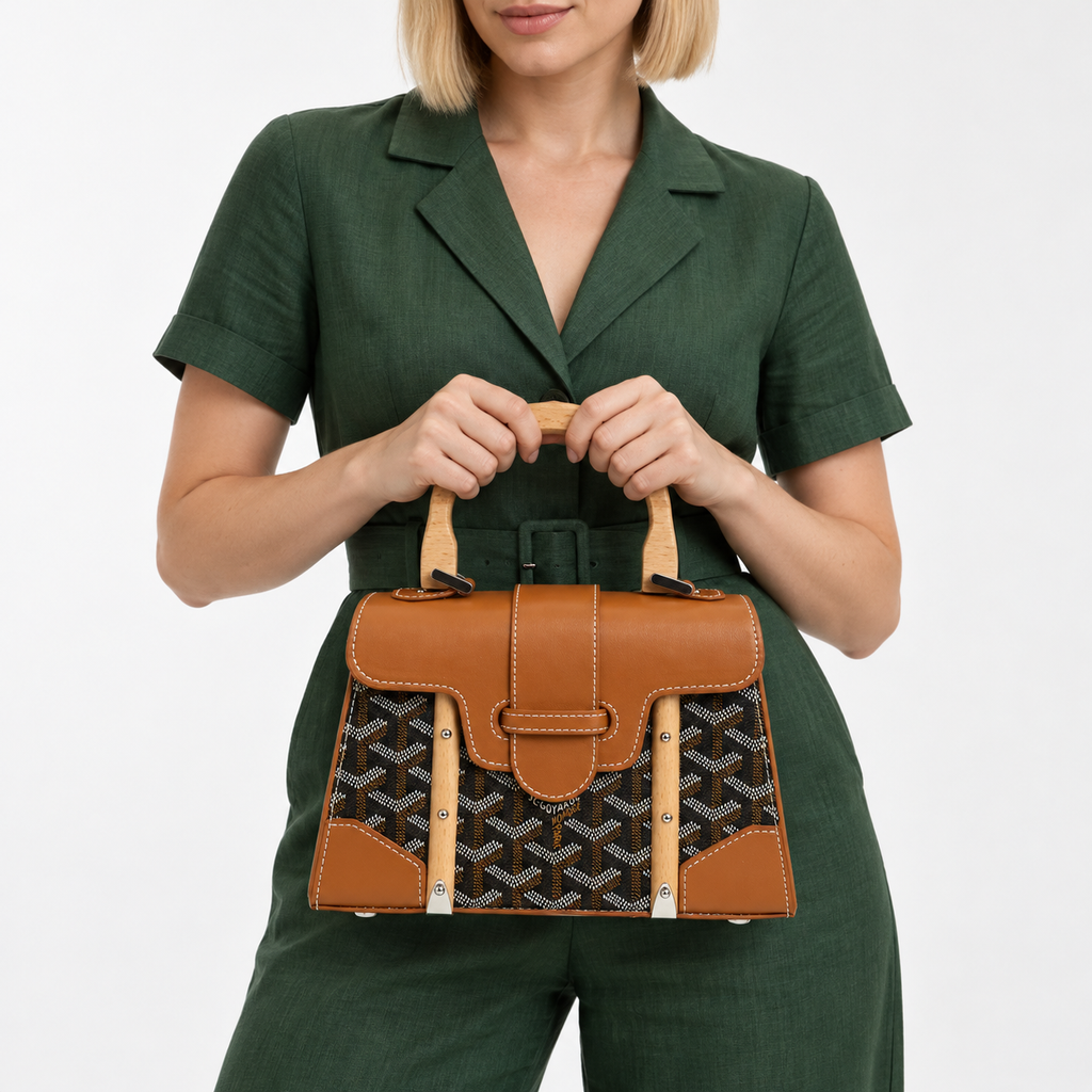 GY Tan & Black Monogram Wood-Handle Bag - image 1