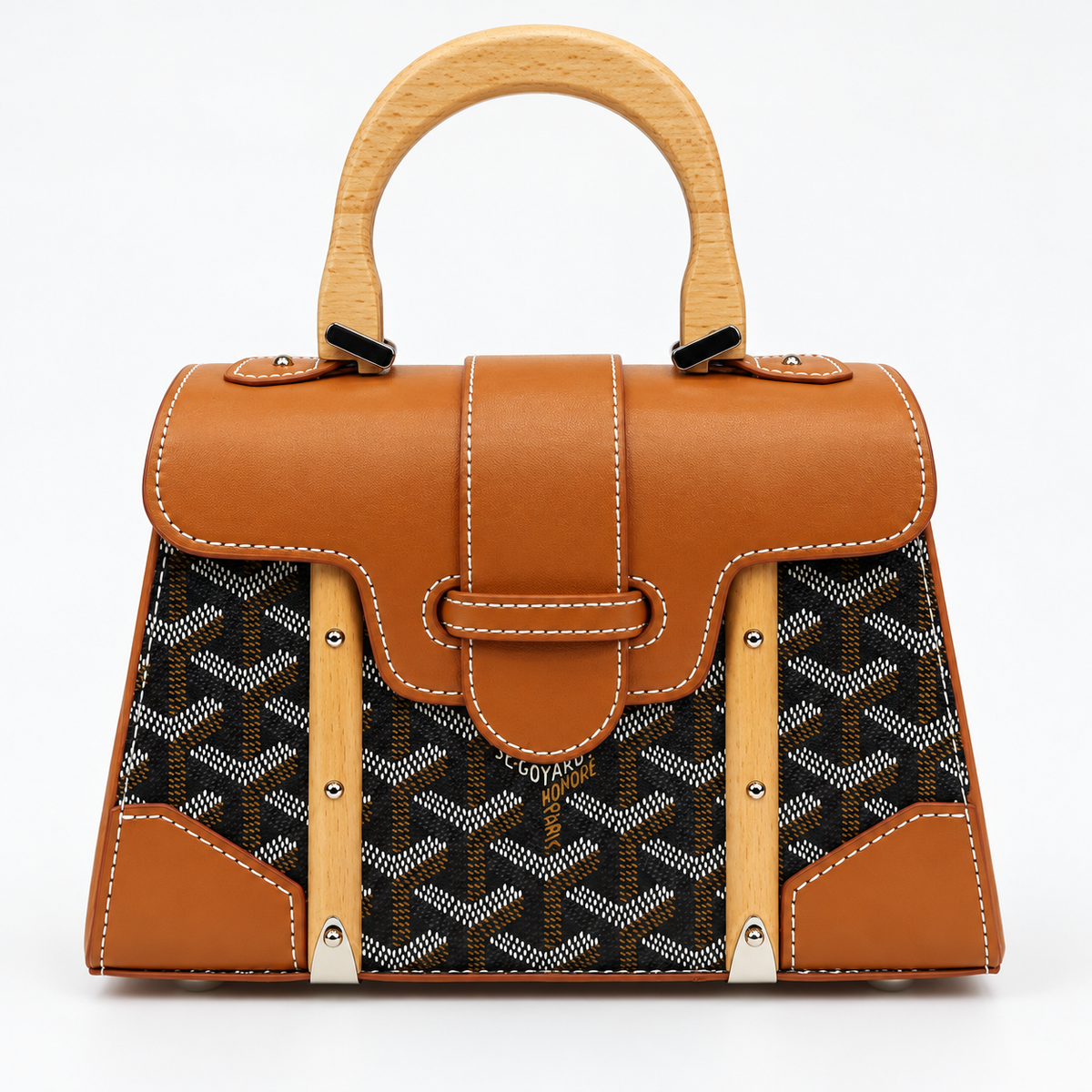 GY Tan & Black Monogram Wood-Handle Bag - image 2