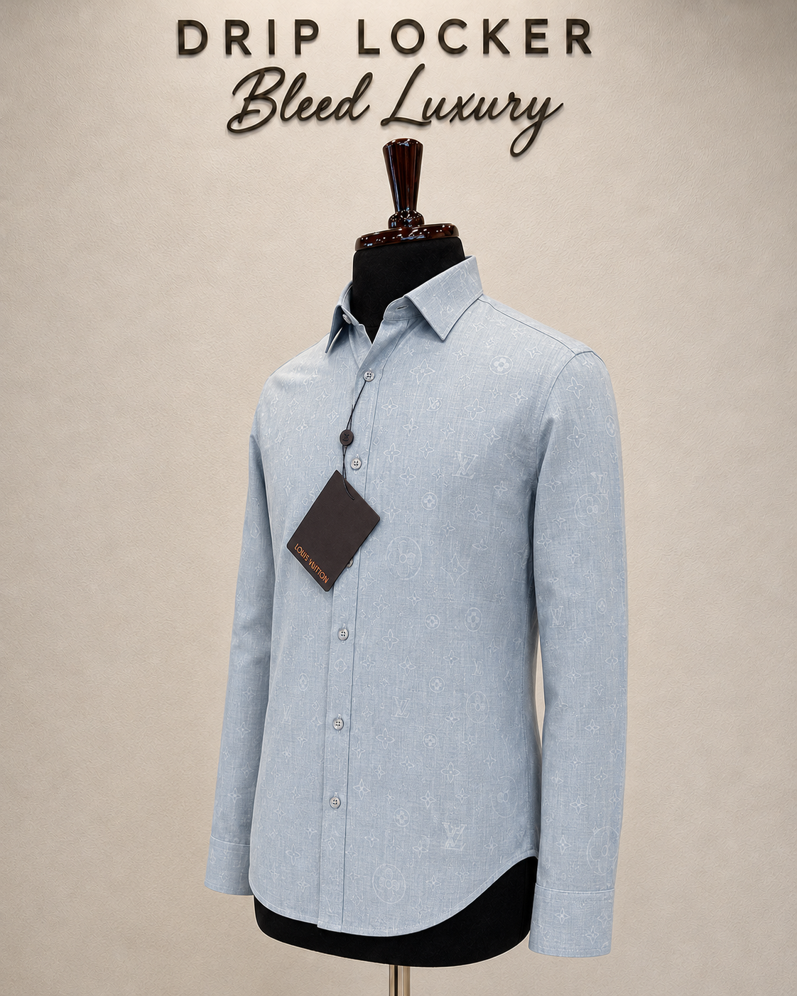Men’s Pale Blue patterned print Shirt - Icy Blue Monogram Shirt, Three Quarter View