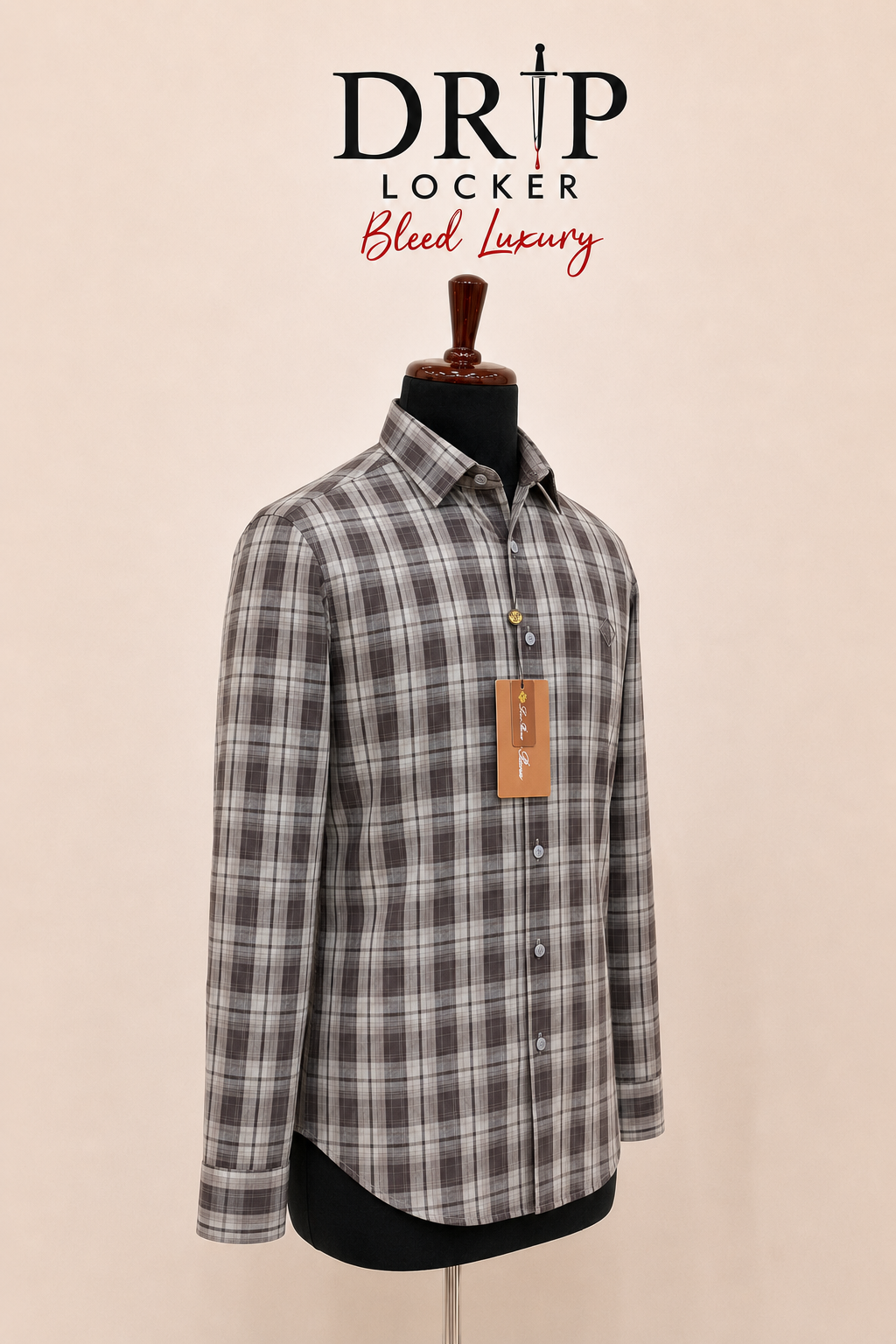 Men’s Brown & Grey Check Shirt - Luxury plaid shirt, reverse three quarter view