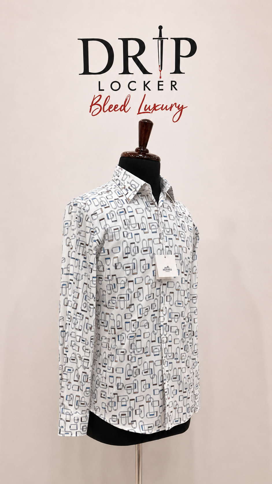 Men’s White Abstract-Print Shirt - Luxury white geometric shirt on mannequin