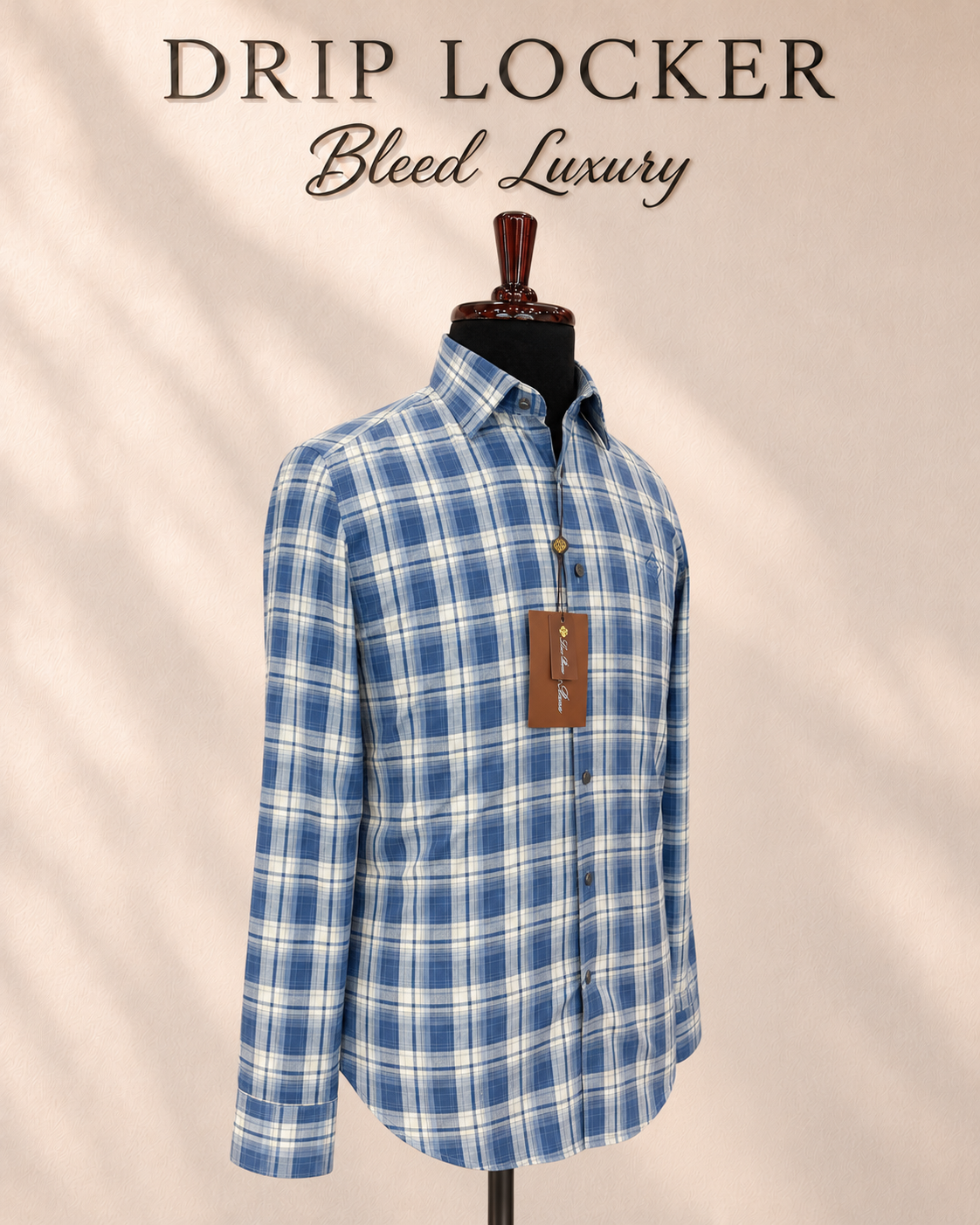 Men’s Blue & White Check Shirt - Opposite view blue plaid luxury shirt