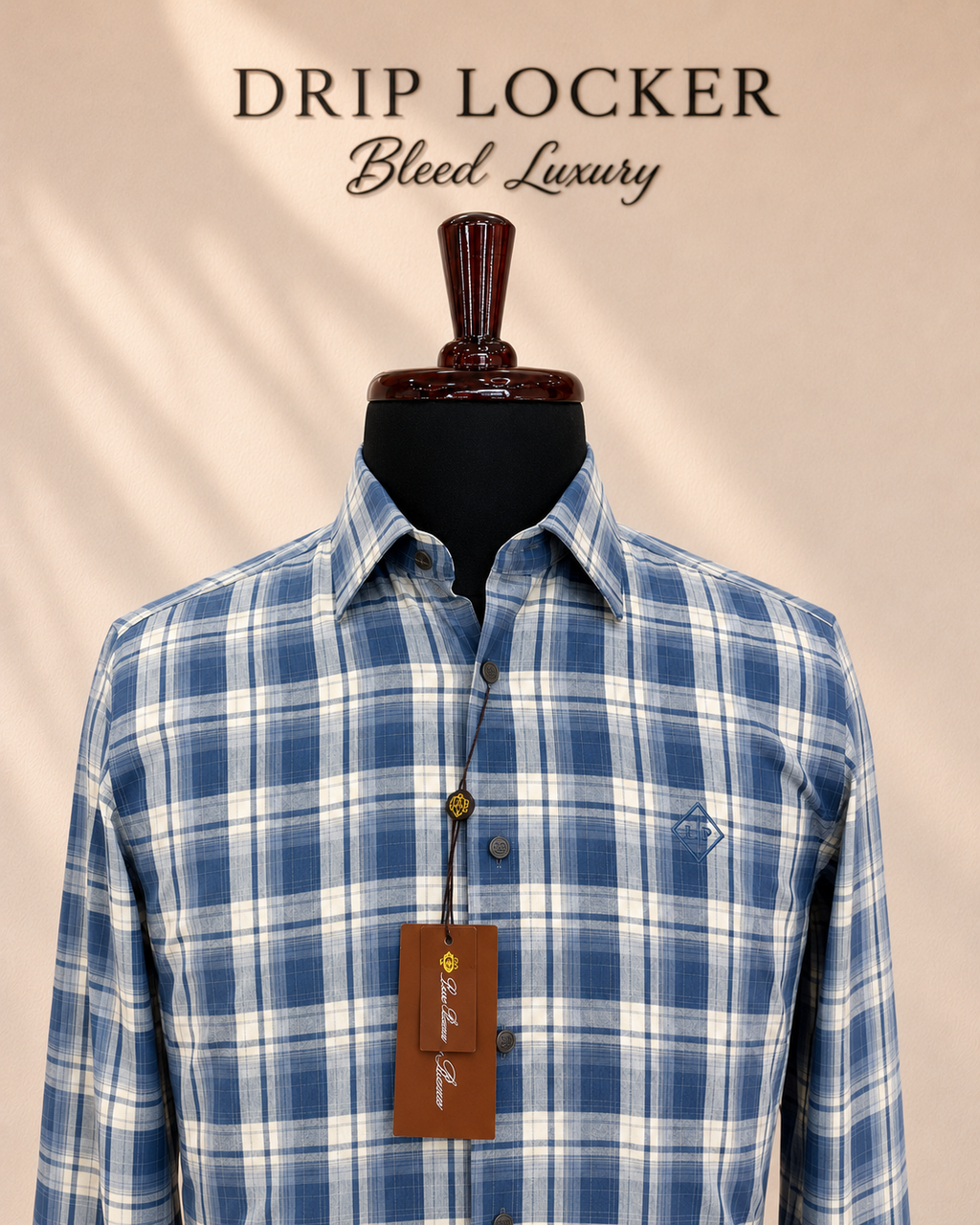 Men’s Blue & White Check Shirt - Plaid Collar and Crest Detail