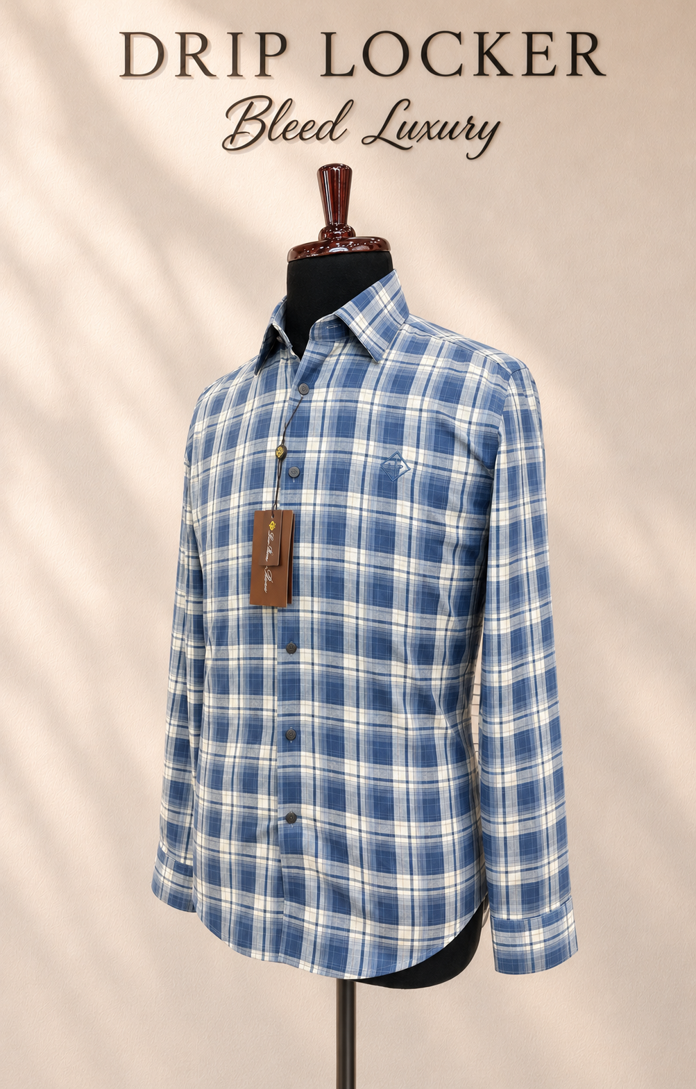 Men’s Blue & White Check Shirt - Plain side three quarter blue plaid shirt