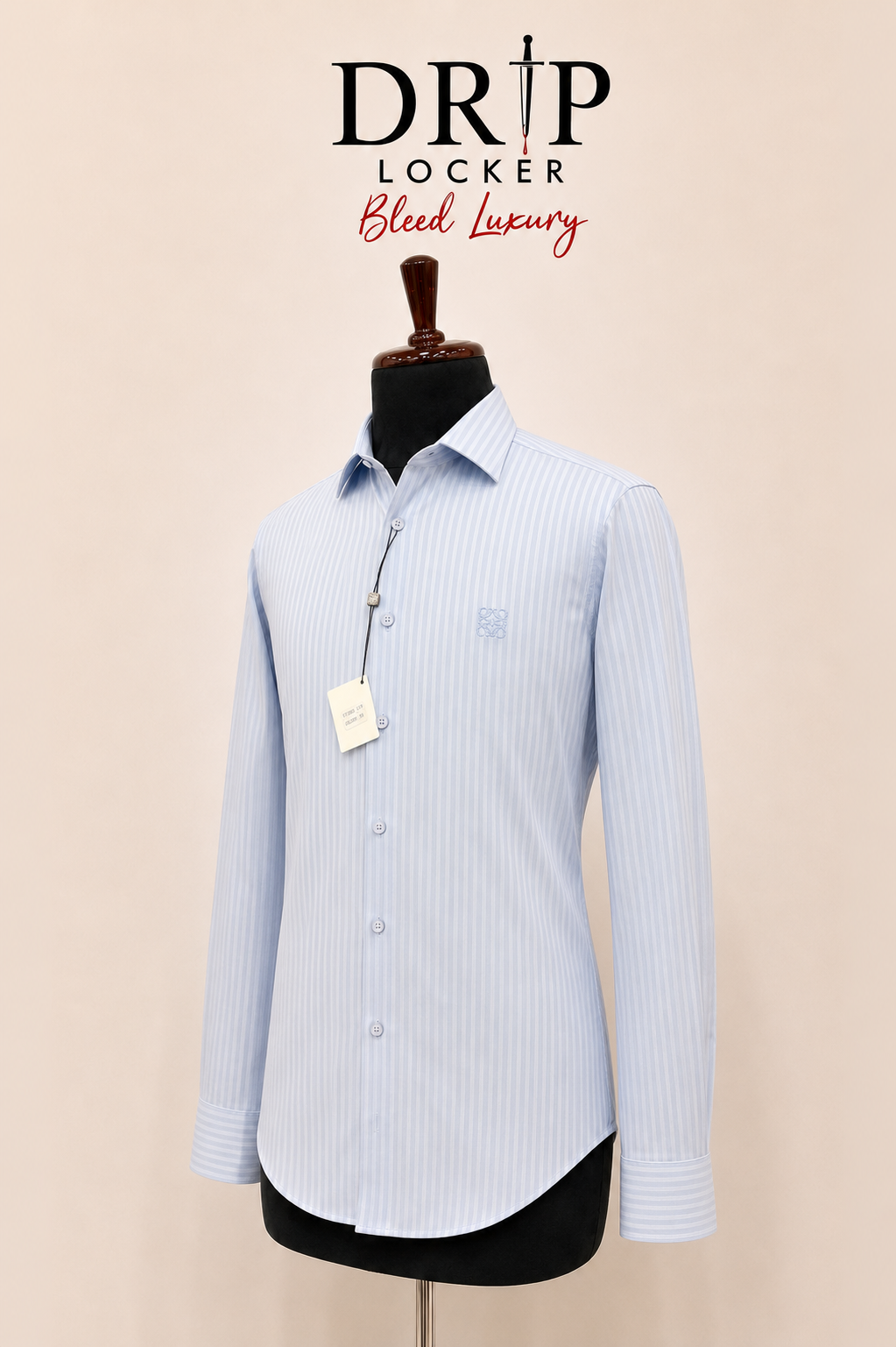 Men’s Light Blue Striped Shirt - Premium striped shirt, reverse three quarter view