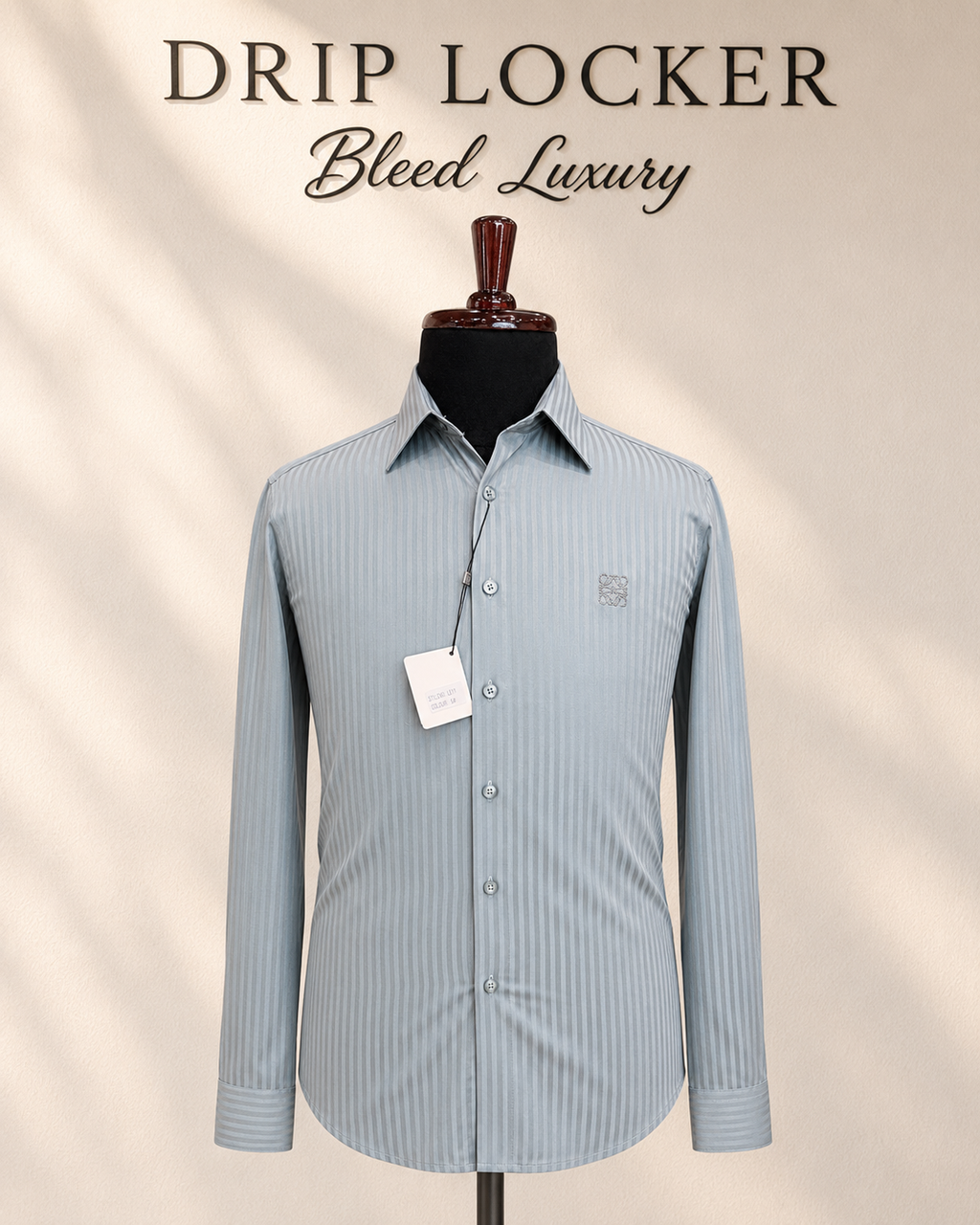 Men’s Blue Tonal-Striped Shirt - Silver blue striped shirt on black mannequin