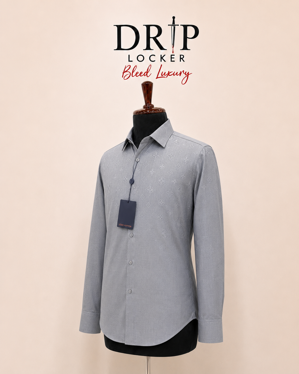 Men’s Grey tonal pattern Shirt - Steel grey monogram shirt on mannequin