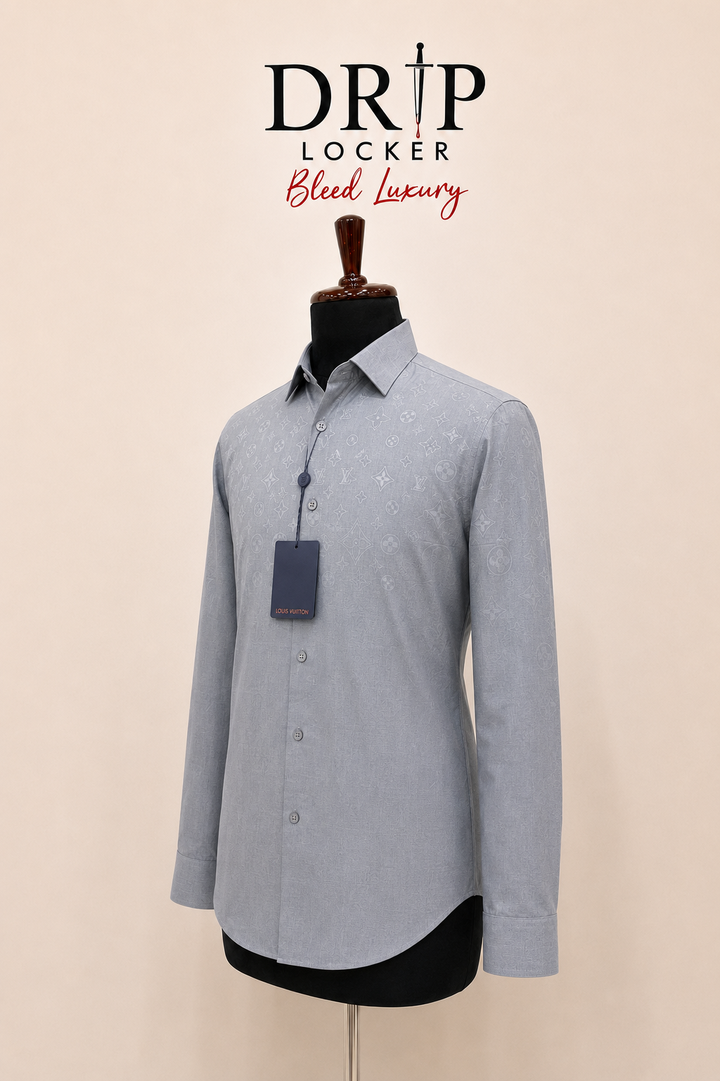 Men’s Grey tonal pattern Shirt - Steel grey monogram shirt, three quarter view