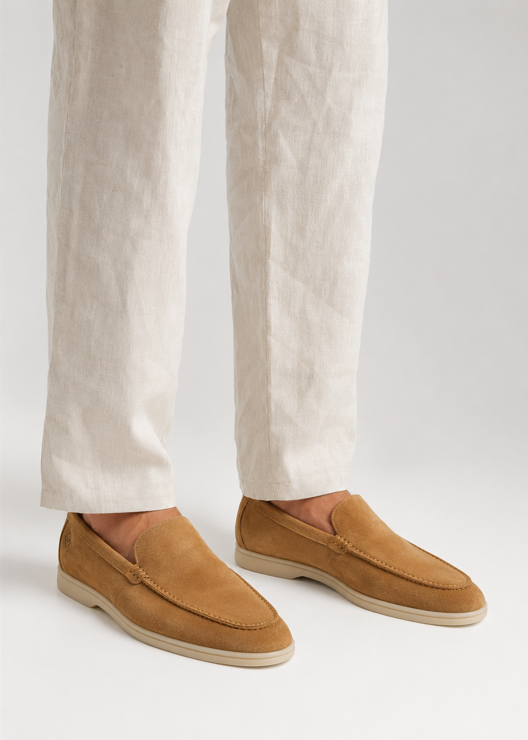 Men’s Apricot Suede Loafers - camel tan suede loafers on model