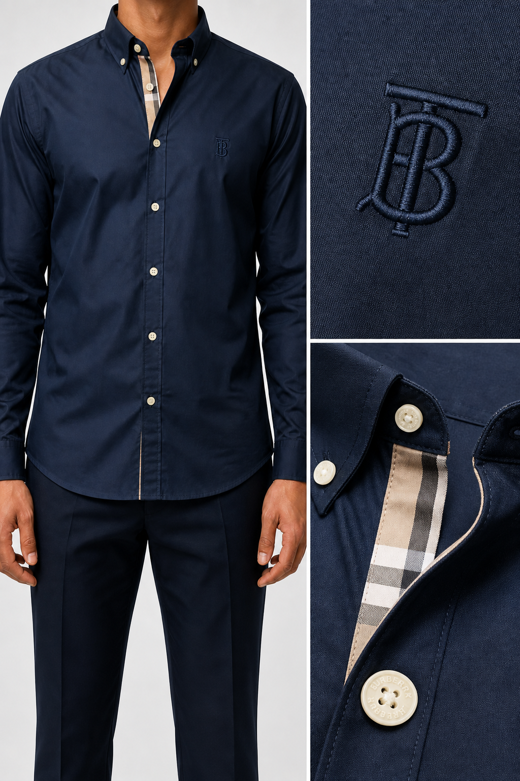 Men’s Navy Check-Detail Shirt - deep navy check trim shirt model details combined