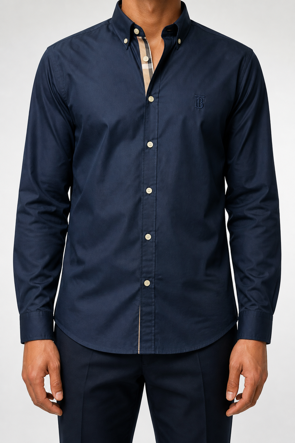 Men’s Navy Check-Detail Shirt - deep navy check trim shirt model front