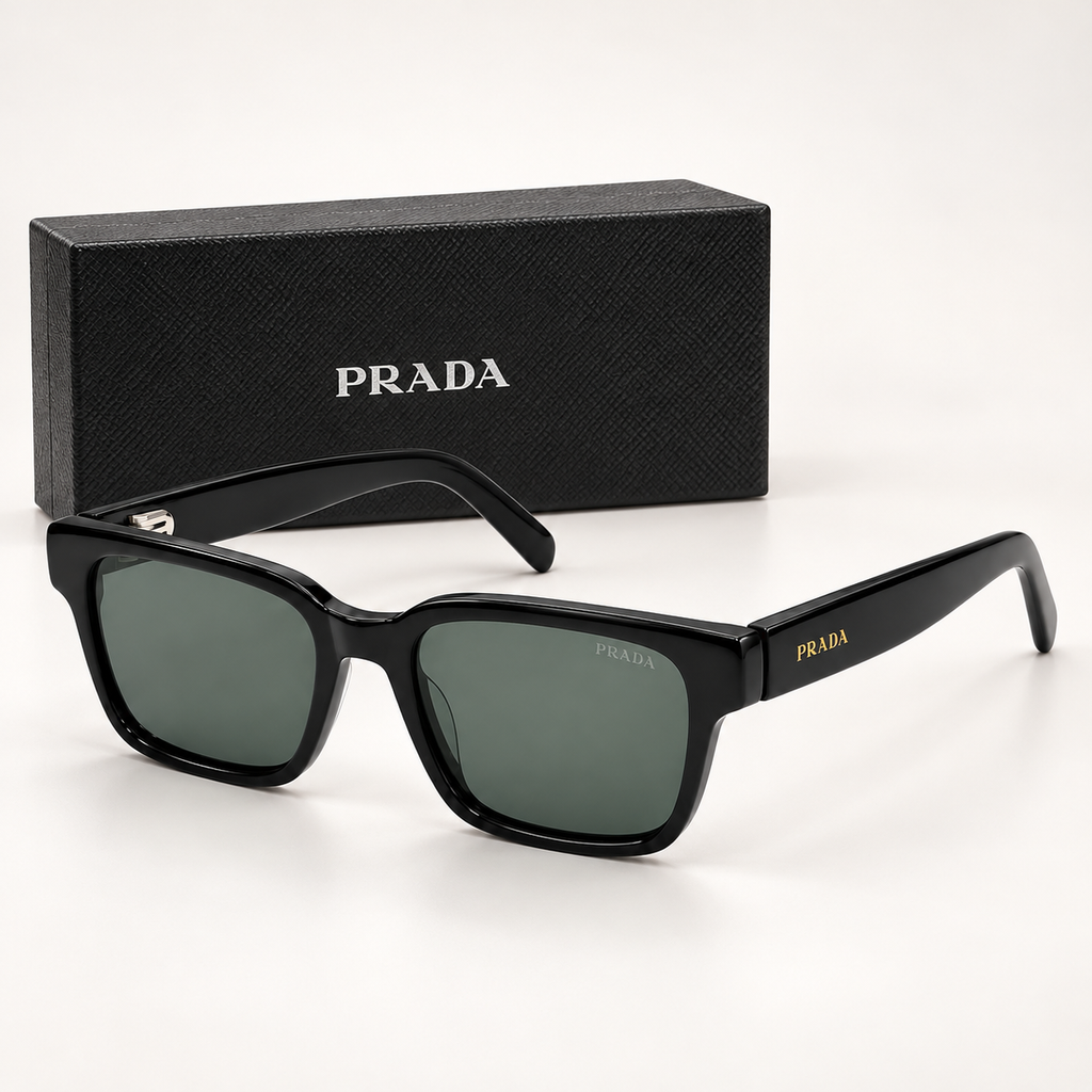 PRD — PR D02E Black Green-Lens Sunglasses — front-left view with brand box