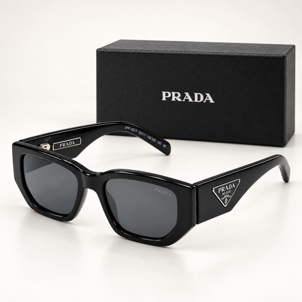 PRD — SPR 09Z-F Black Geometric Sunglasses — front-left view with brand box