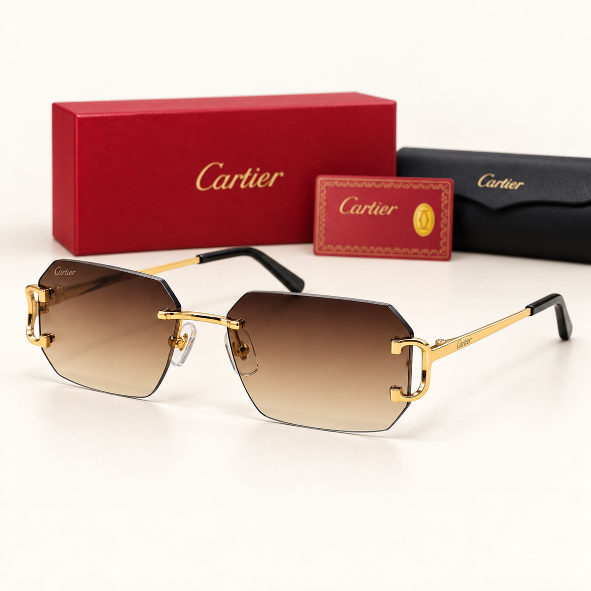 CR — Brown Gradient Geometric Rimless Sunglasses – Model 12 — front-left view with brand box