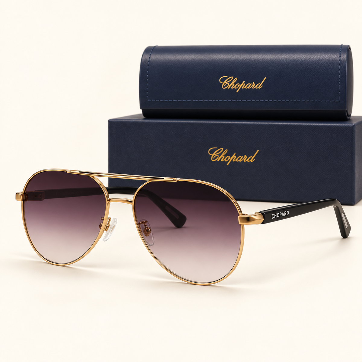 CHPD — Gold Gradient Aviator Sunglasses – Model 1 — front-left view with brand box