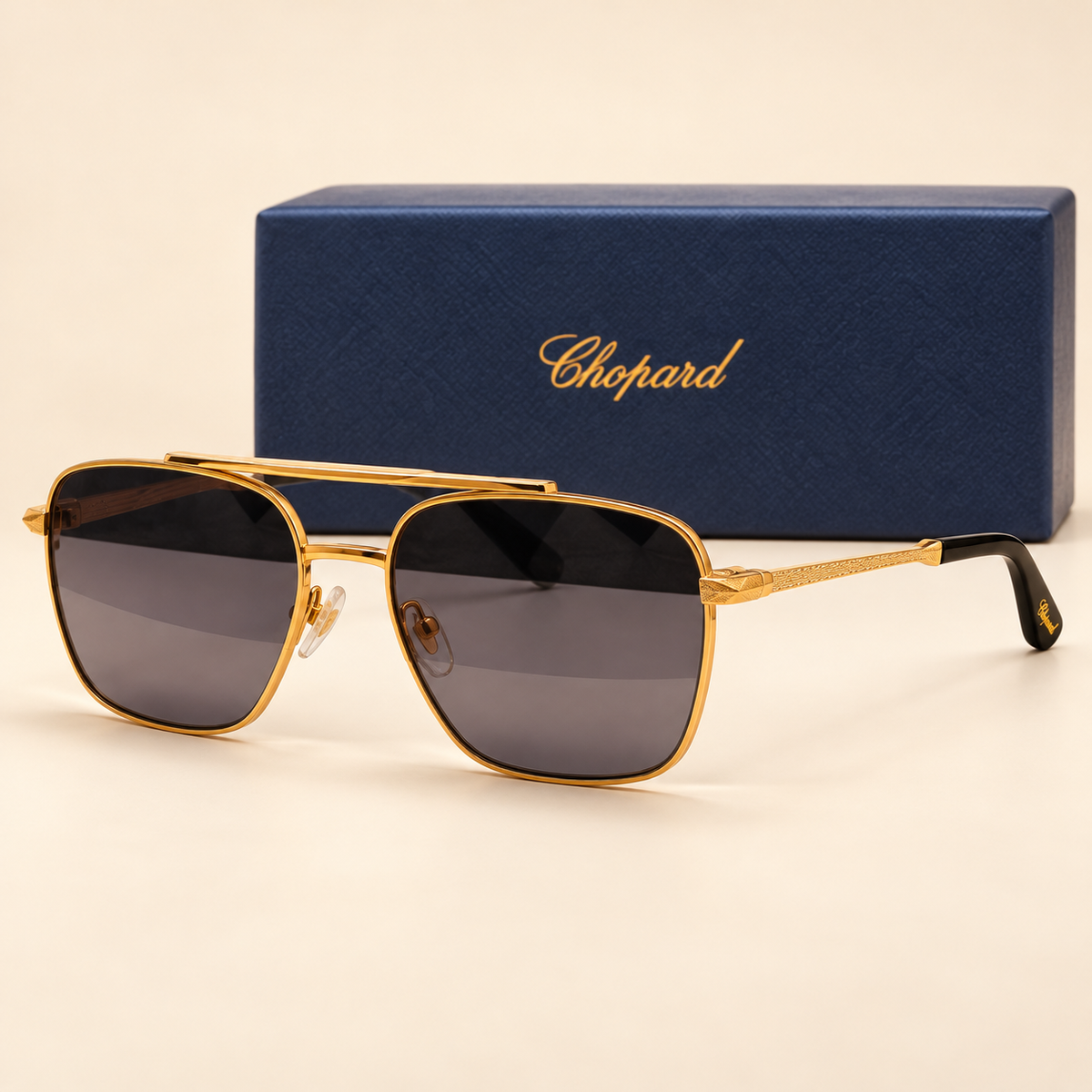 CHPD — Gold Smoke Navigator Sunglasses – Model 2 — front-left view with brand box
