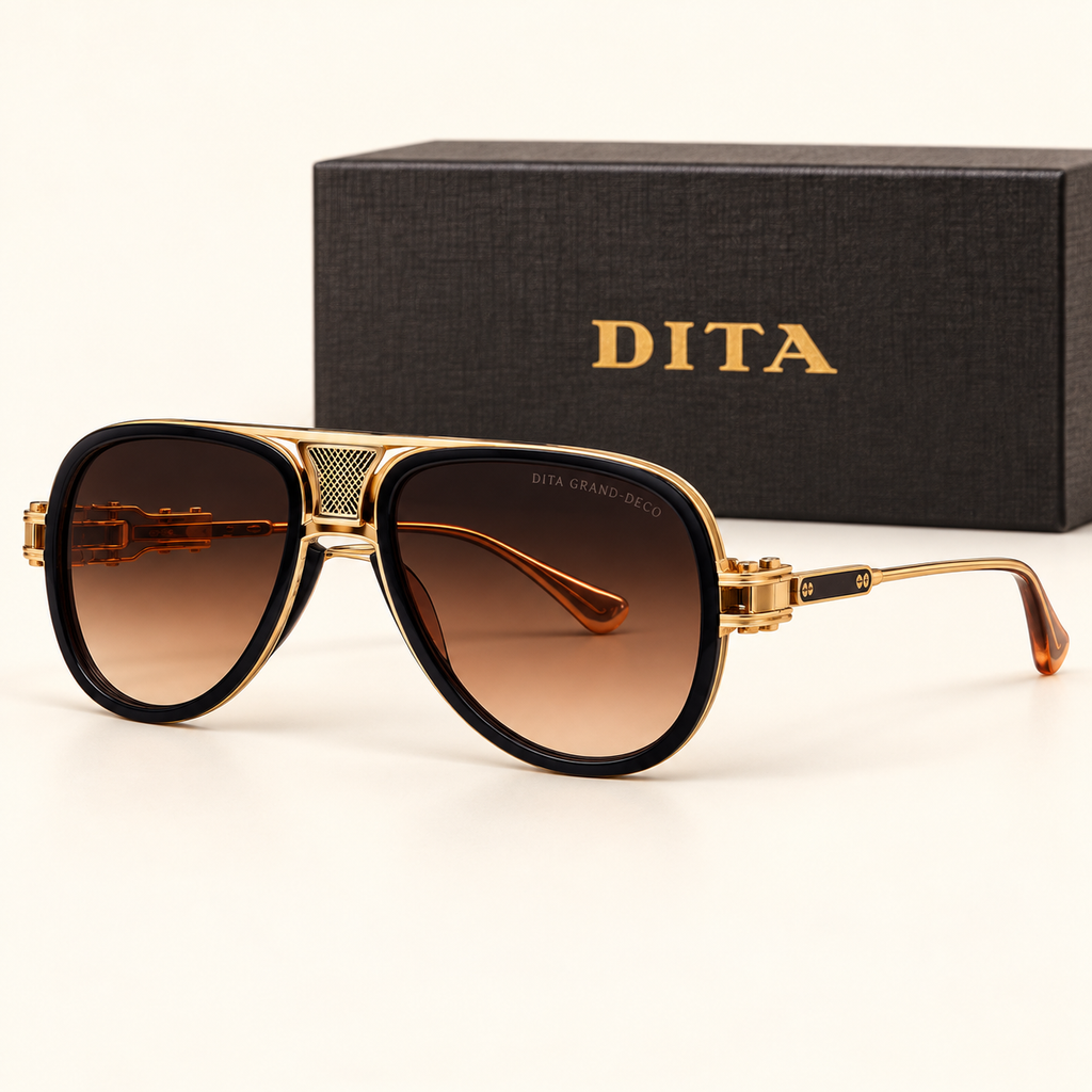 DITA — Black Gold Aviator Sunglasses – Model 3 — front-left view with brand box