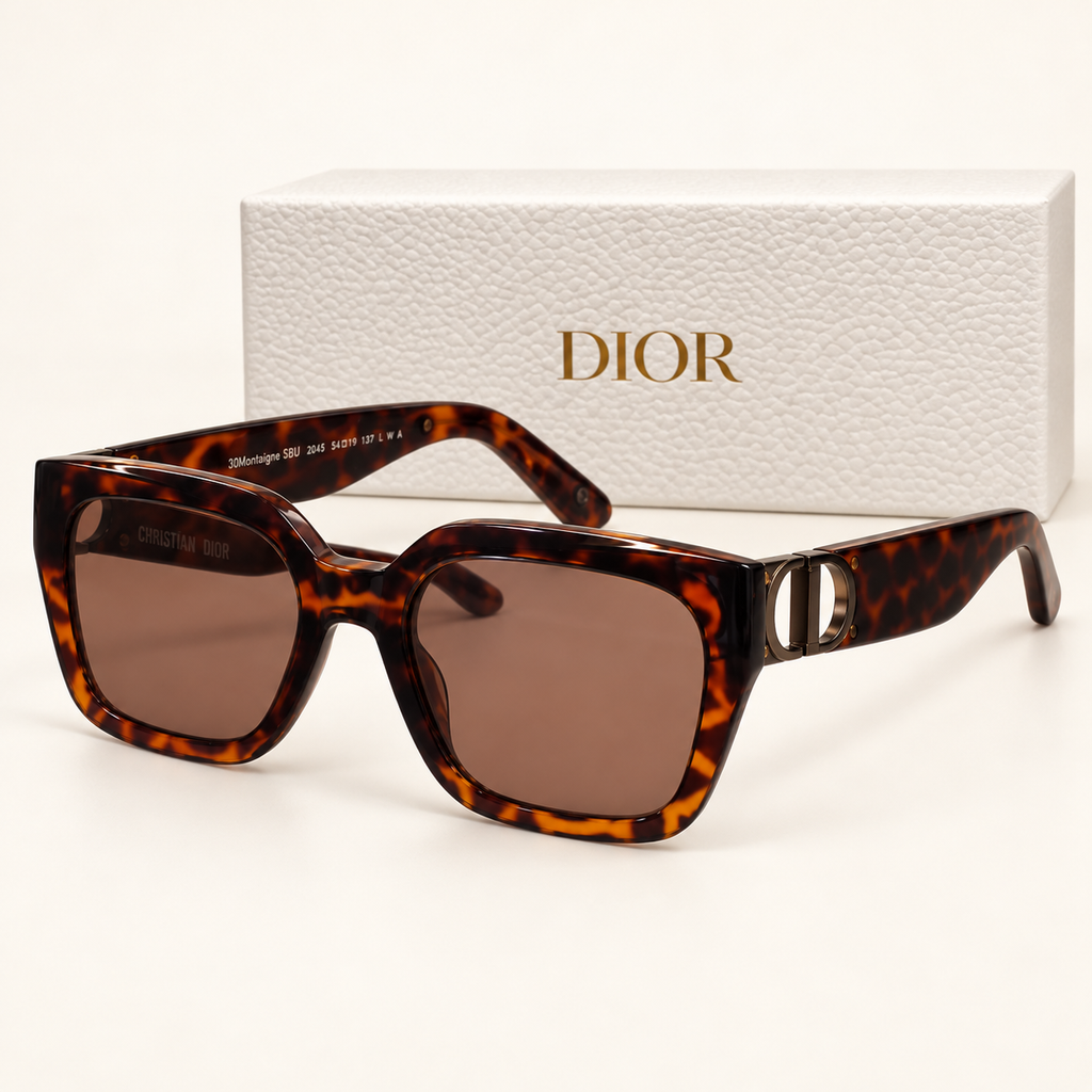 CD — Tortoiseshell Brown Square Sunglasses – Model 3 — front-left view with brand box