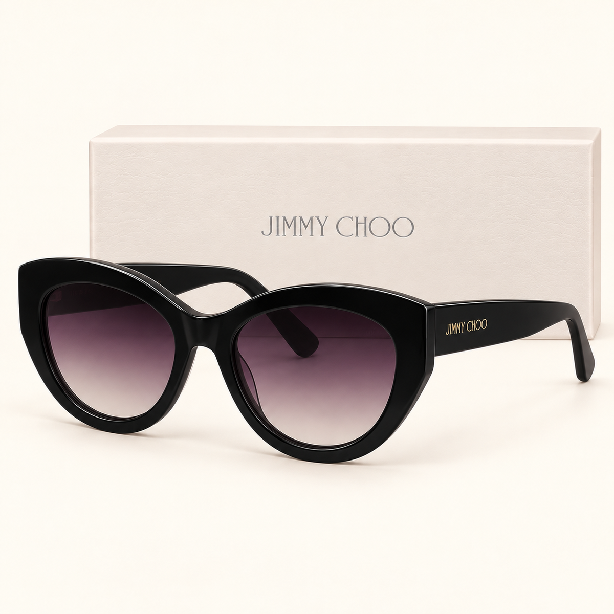 JCH — Black Gradient Cat-Eye Sunglasses – Model 1 — front-left view with brand box