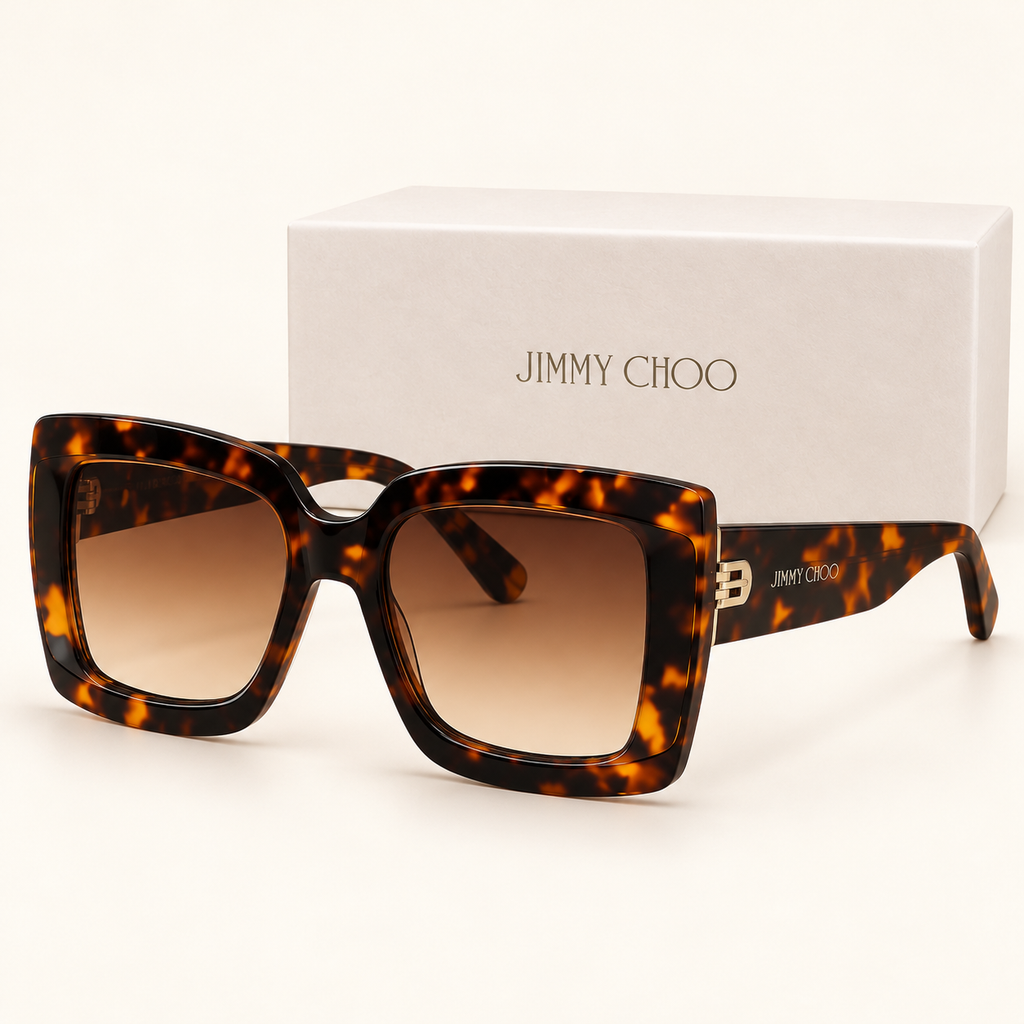 JCH — Tortoiseshell Gradient Square Sunglasses – Model 3 — front-left view with brand box