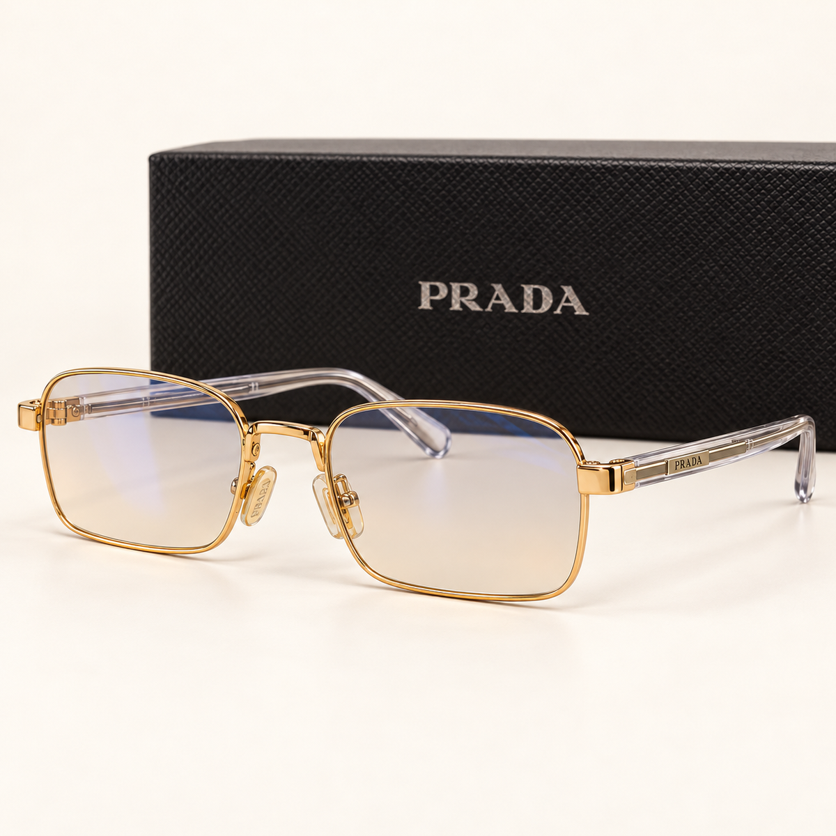 PRD — Gold Gradient Rectangular Sunglasses – Model 2 — front-left view with brand box