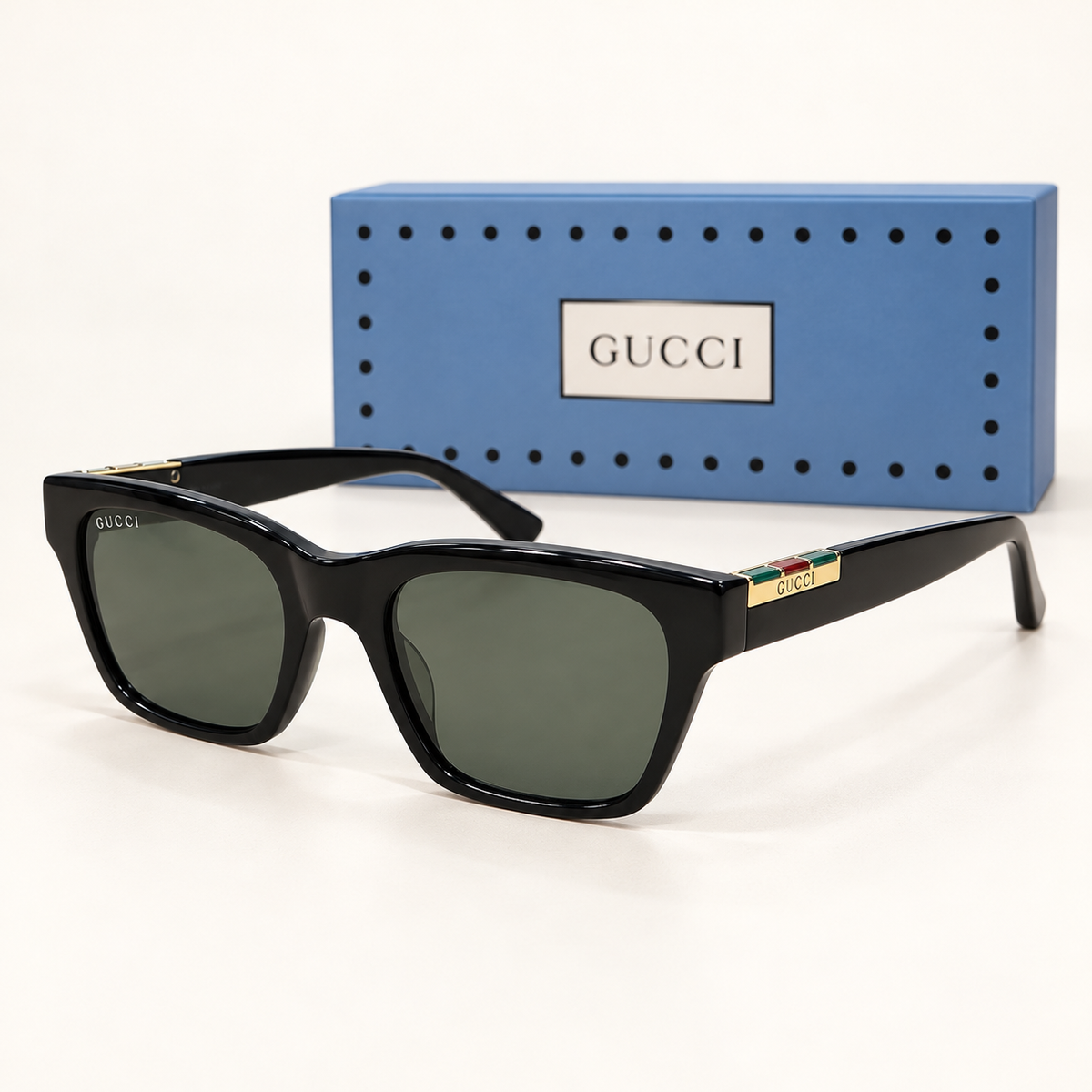 GG — Black Green-Lens Square Sunglasses – Model 3 — front-left view with brand box