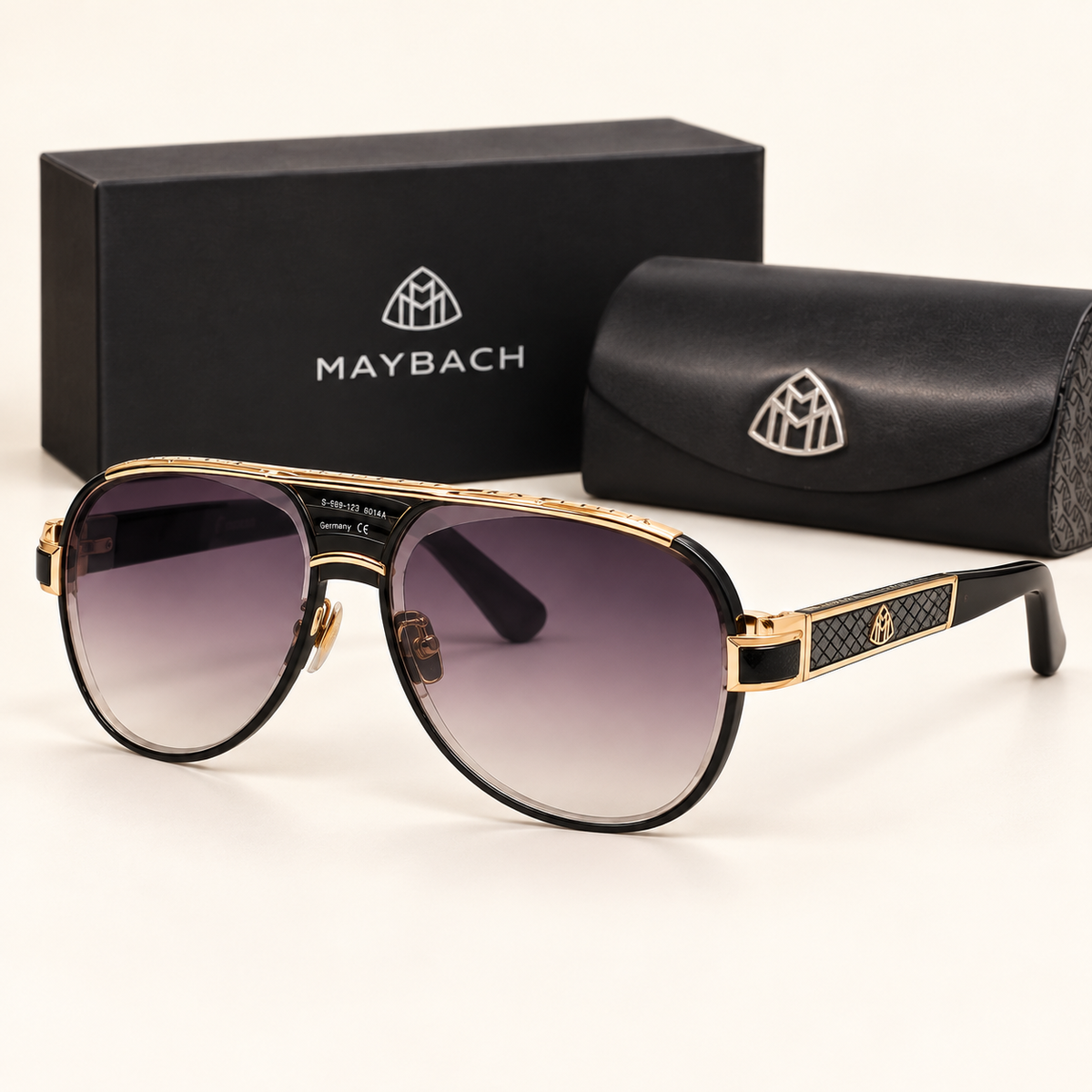 MYB — Gold Gradient Aviator Sunglasses – Model 1 — front-left view with brand box