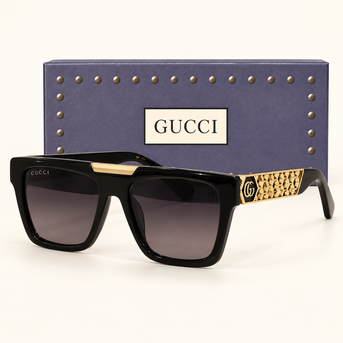 GG — Black Gradient Rectangular Sunglasses – Model 5 — front-left view with brand box