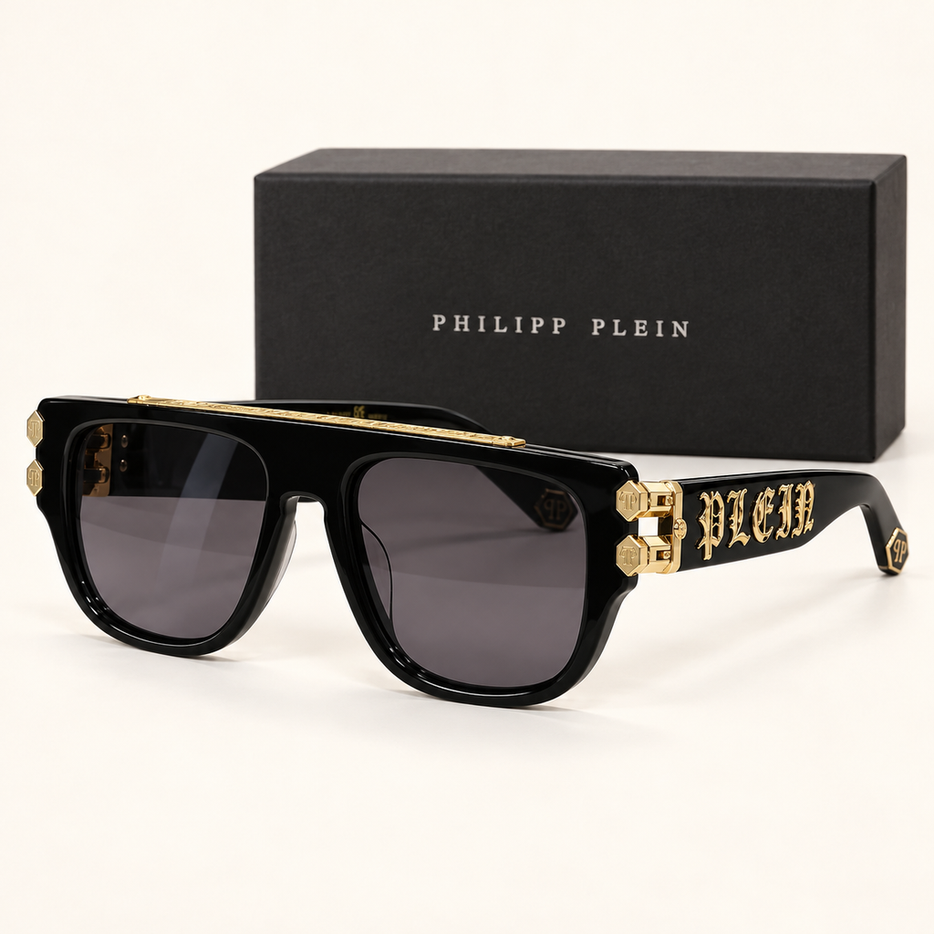 PP — Black Oversized Square Sunglasses – Model 1 — front-left view with brand box
