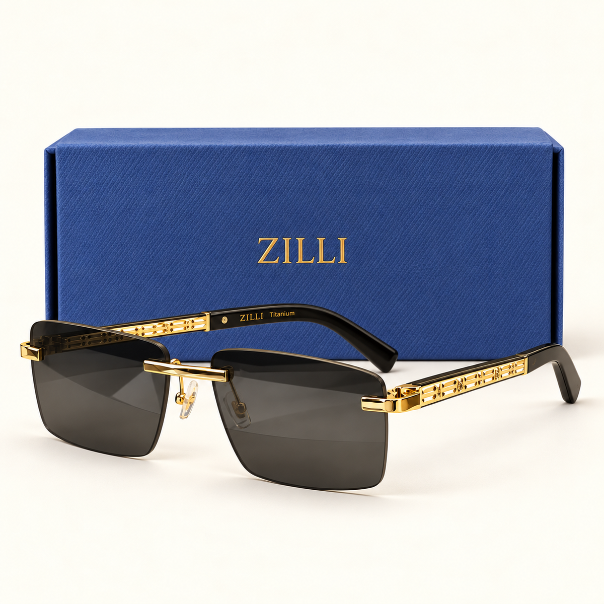 ZL — Gold Smoke Rectangular Sunglasses – Model 2 — front-left view with brand box