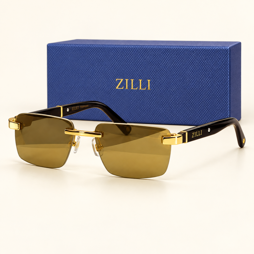 ZL — Gold Brown Rectangular Sunglasses – Model 3 — front-left view with brand box