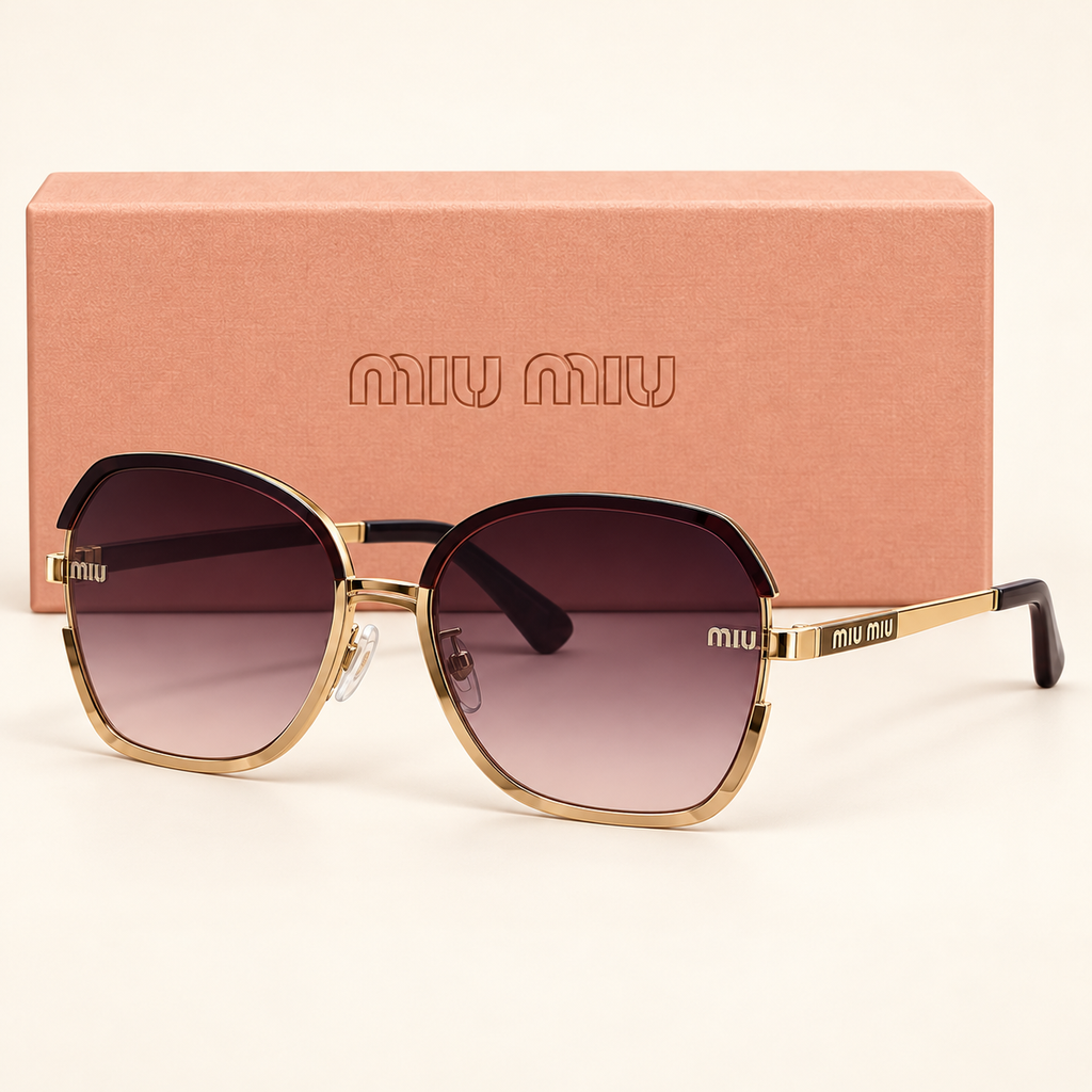 MM — Gold Purple Geometric Sunglasses – Model 2 — front-left view with brand box