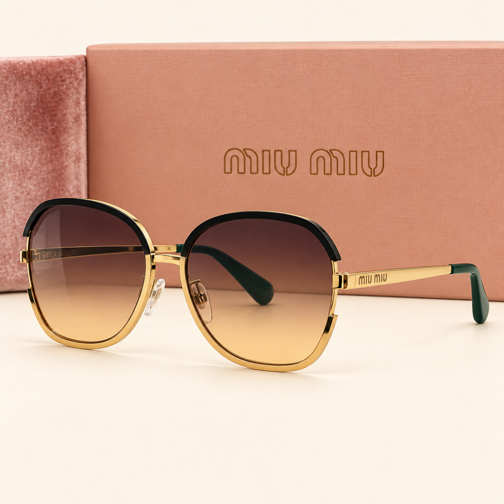 MM — Gold Brown Gradient Round Sunglasses – Model 4 — front-left view with brand box